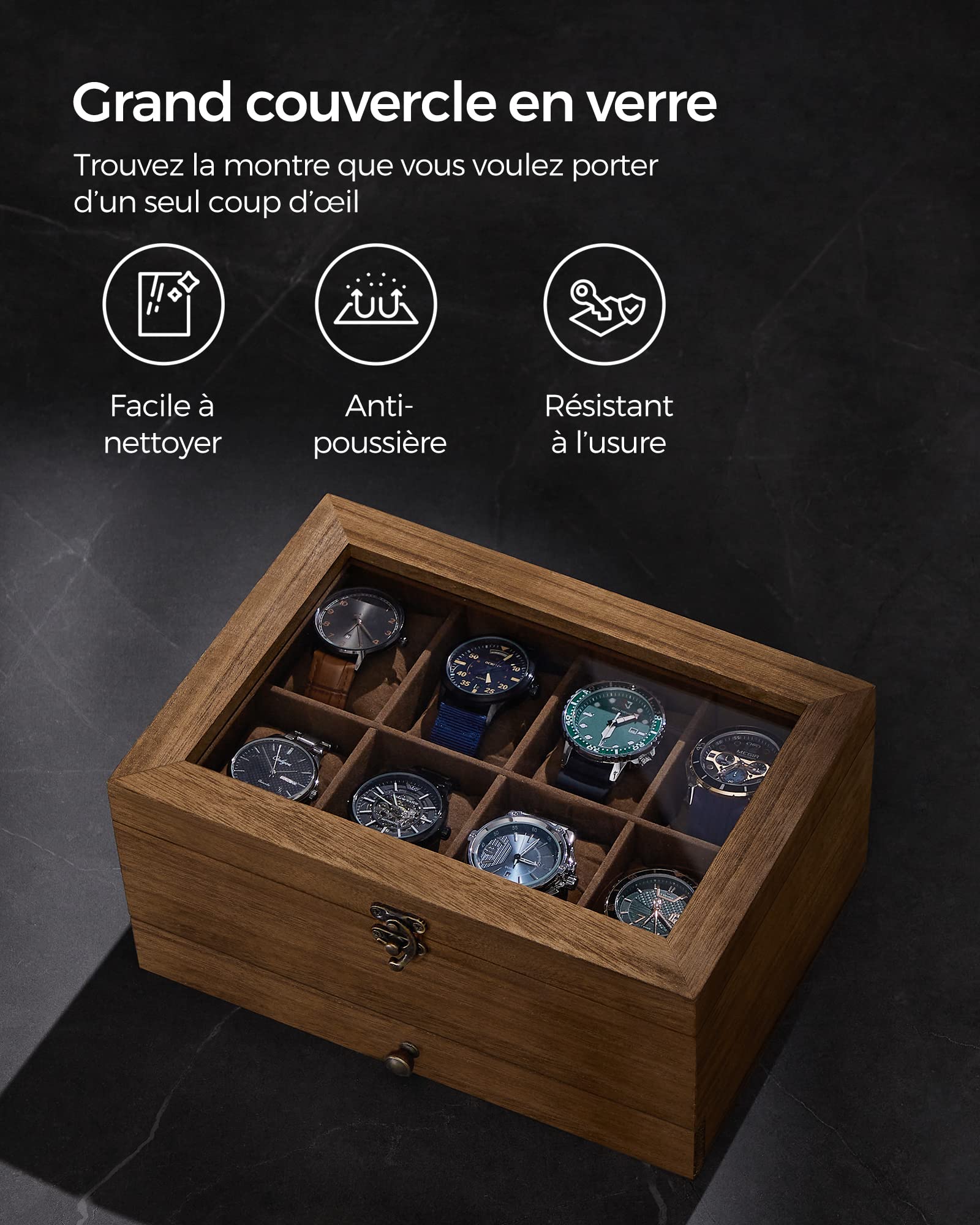 SONGMICS Boîte à Montres 8 Emplacements, Écrin à Montres en Bois, avec Couvercle en Verre, Coussinets pour Montres, Doublure en Velours, Coffre à Bijoux, Couleur Noisette JOW008K01