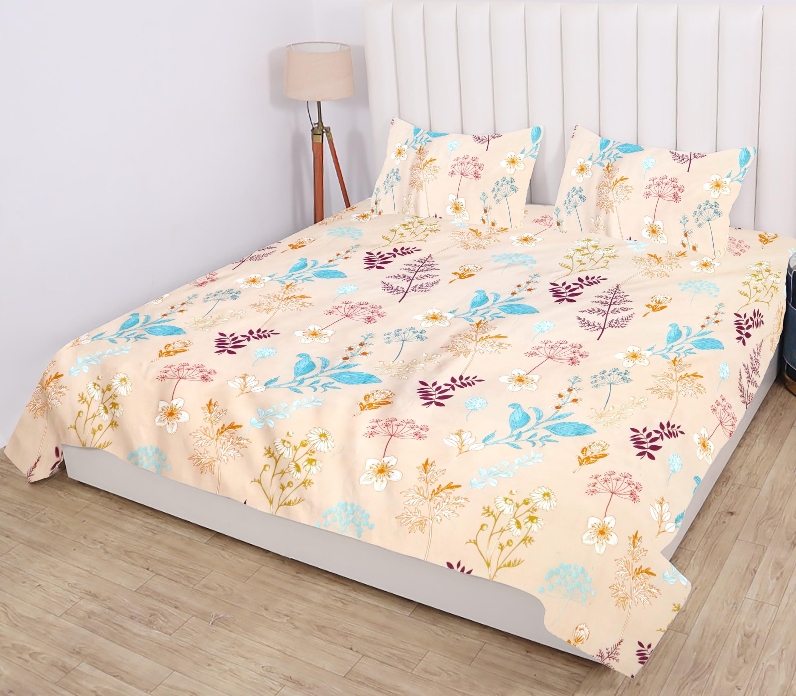 RD TREND Presents Bedsheet for Double Bed 210 TC, Size- 90/100 Inchs (228/254 CM),Polycotton Double Bed bedsheet with 2 Pillow Covers(18/28 Inchs) Color-Cream Gold Pattern- Floral