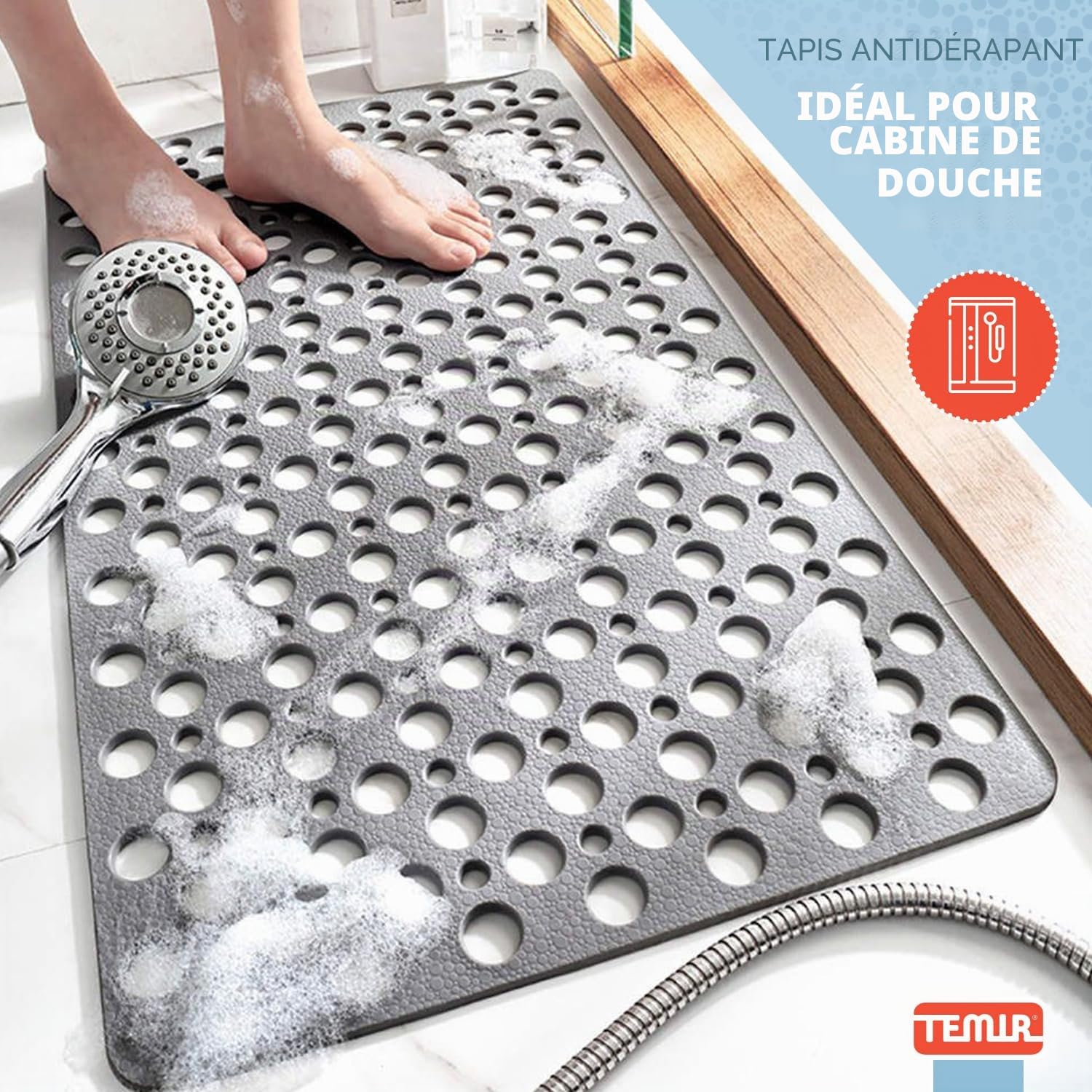 TEMIR Tapis de Bain antidérapant avec ventouses et Trous de Drainage, Doux et Lavable en Machine (43,2 x 73,7 cm)