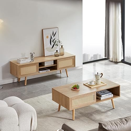 Miniatura 3 de Soporte de TV moderno de mediados de siglo para sala de estar con almacenamiento, consola rectangular de 55.12 pulgadas para televisores de hasta 60