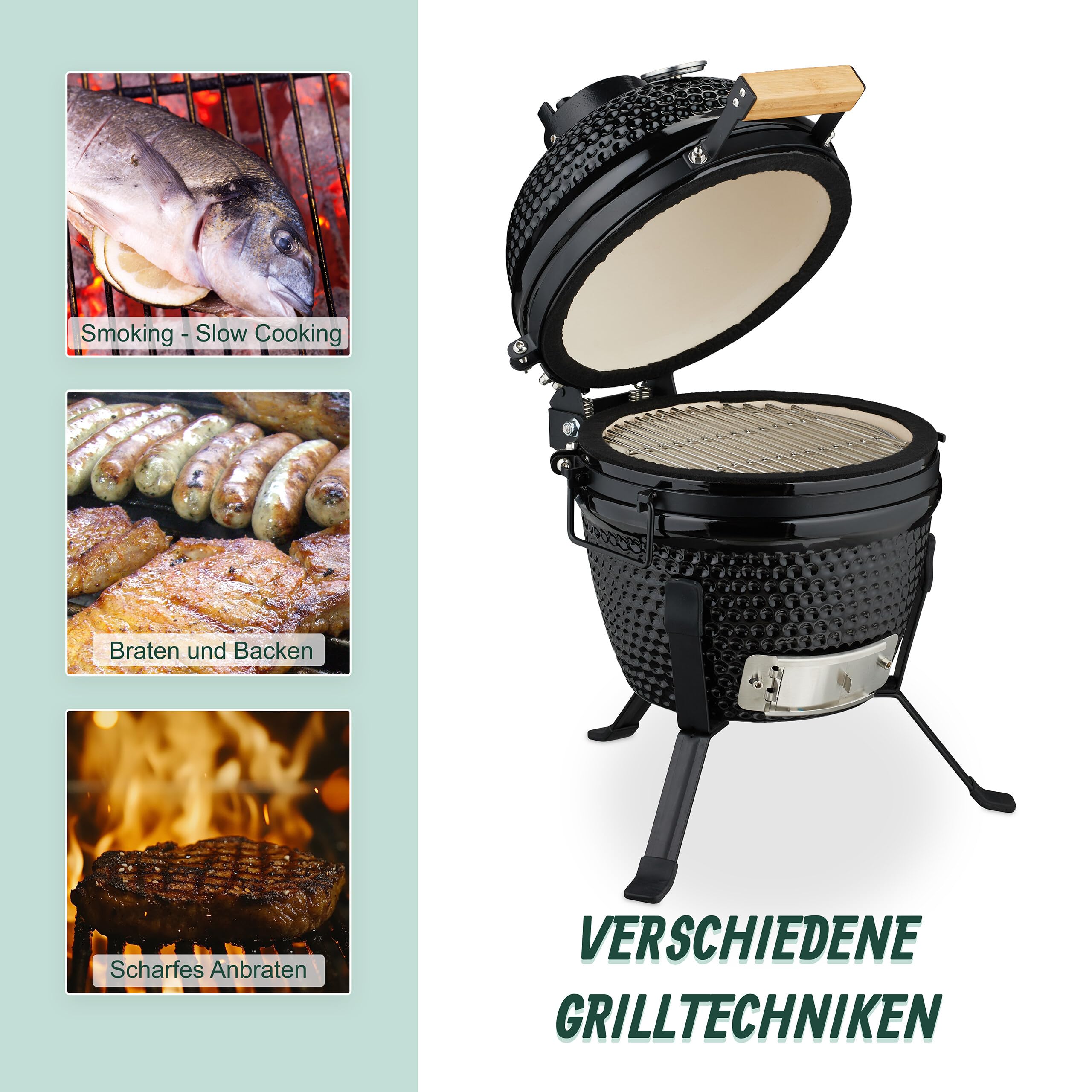 Relaxdays Kamado Grill, Ø 32 cm, Keramikgrill mit Thermometer bis 450 °C, BBQ, Grillen, Kochen & Backen, Smoker, schwarz