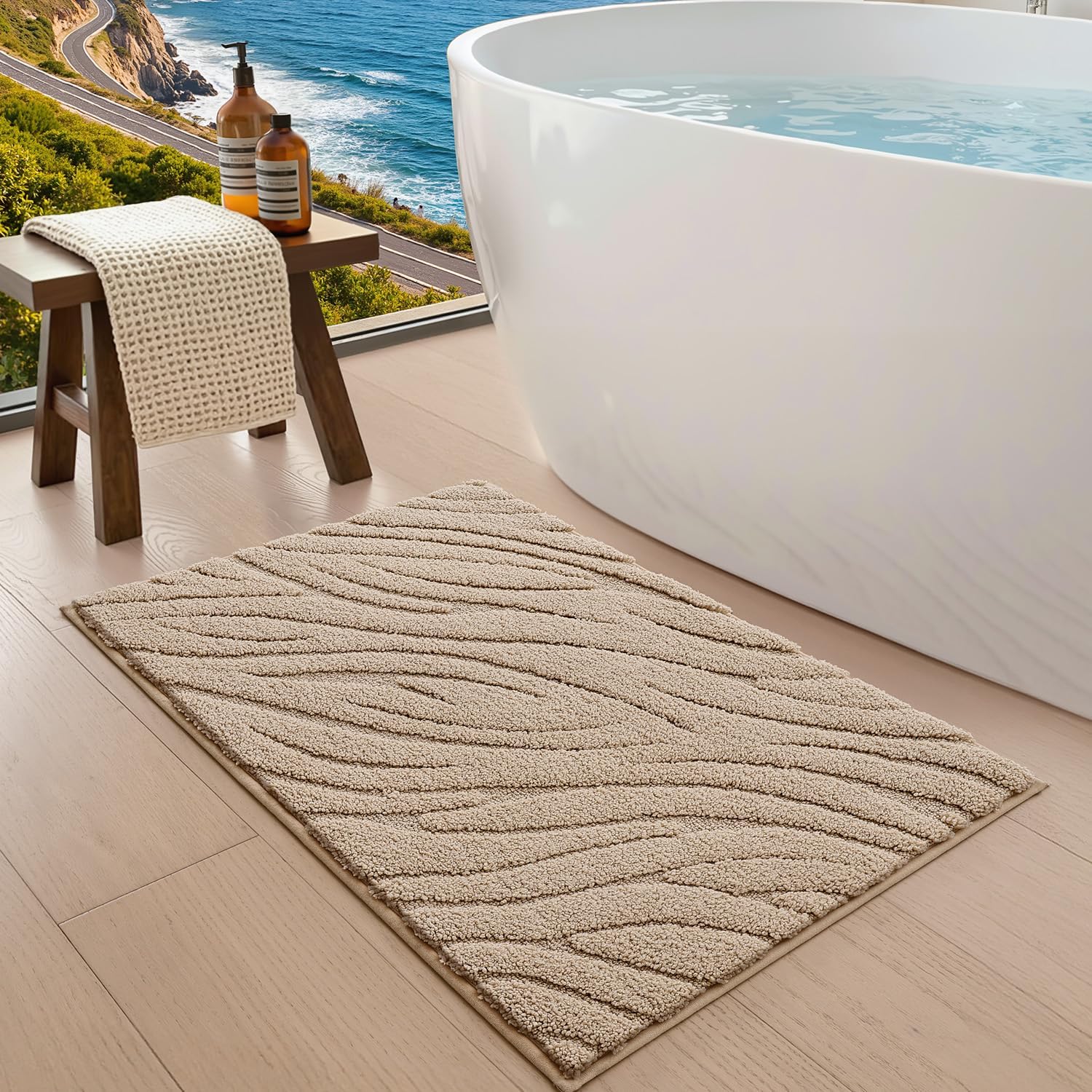 LUMI Bathroom Rug, Soft Absorbent Non Slip Bath Mat, Quick Dry Bath Mats, Machine Washable Microfiber Carpet for Modern Shower Room, Bathtub, Minimalist Bathmat, 36"x24", Beige