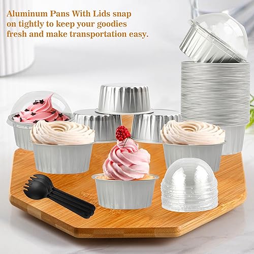 Miniatura 6 de BAKINGPAK Ramequines desechables con tapas, 50 moldes de aluminio de 4 onzas con tapas, mini moldes para pasteles con tapas, tazas de papel de