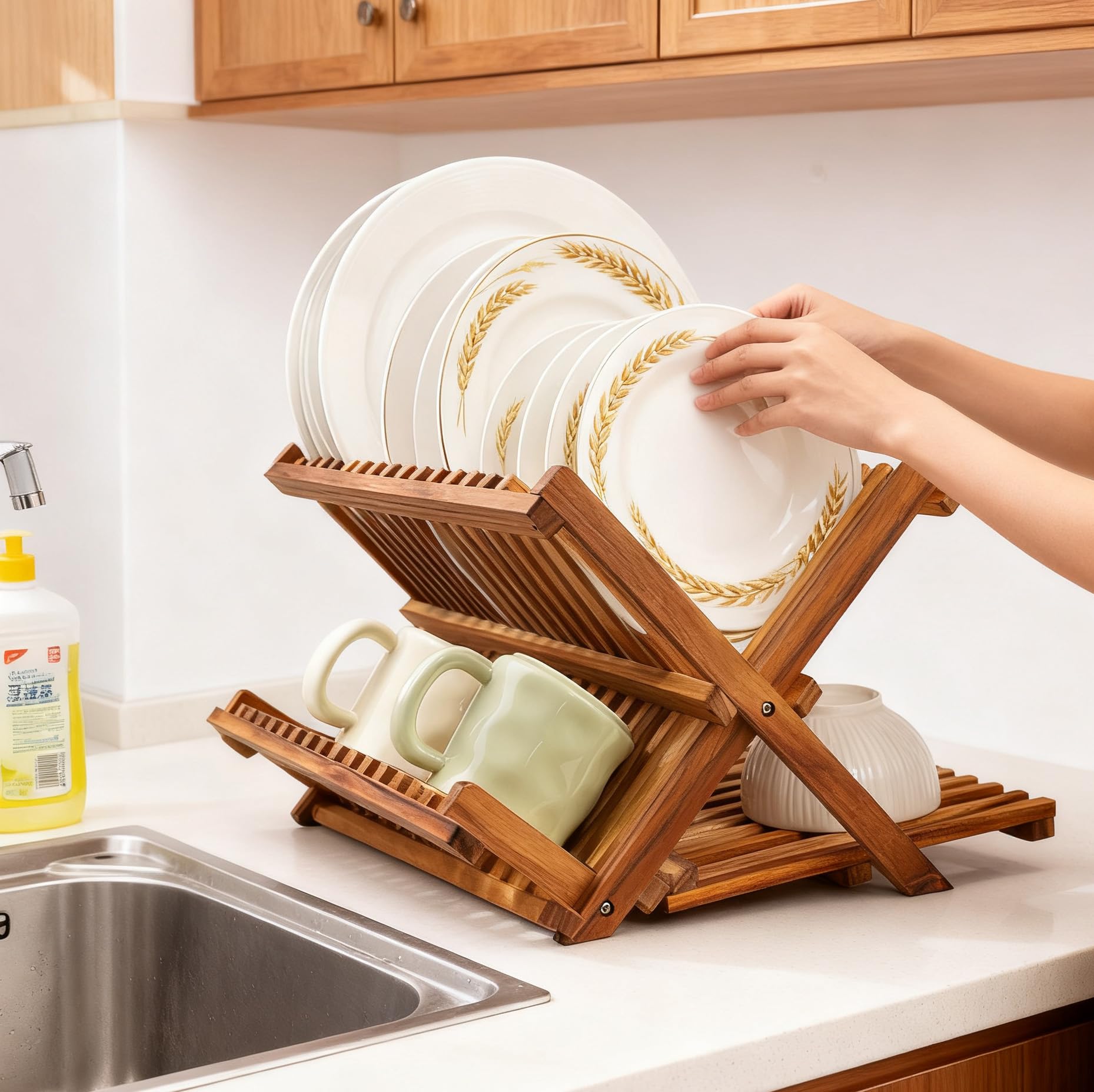 Utoplike Secador de Platos Plegable de Madera de Teca de 3 Niveles | Escurridor de Platos Plegable de Gran Capacidad, Organizador de Cocina para Platos y Tazas Que Ahorra Espacio
