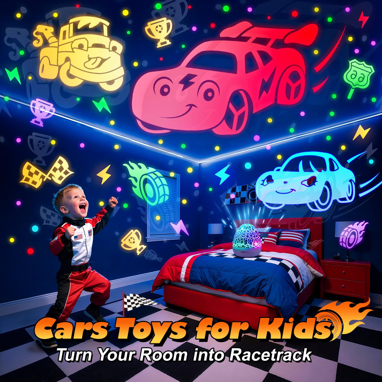 PIKOY Giocattoli per auto giocattolo | Film 6HD+15 suoni+31 colori+telecomando+rotazione a 360° | Auto per bambini 1-3 auto giocattolo per ragazzi età 4-7 anni dinosauro uovo luce per asilo nido
