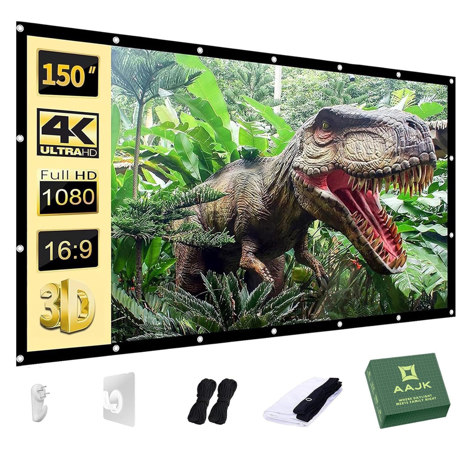 AAJK Projector Screen 150 inch, Washable Projector Screen 16:9 Foldable Anti-Crease Portable Projector Movies Screen for Home Theater Outdoor Indoor Support Double Sided Projection