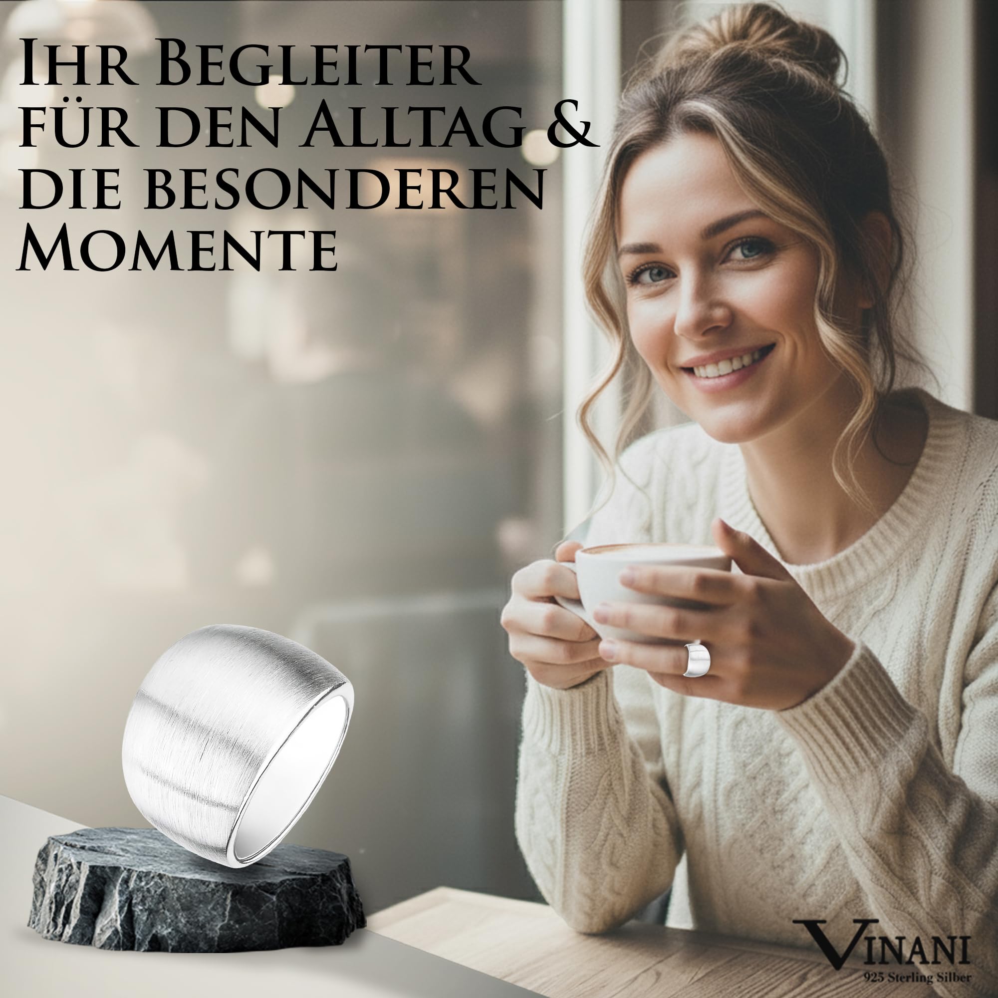 Vinani Damen-Designring, 925 Sterling Silber – abgerundeter, bauchiger, massiver Ring mit matter Oberfläche, handgefertigter zeitloser Schmuck für Frauen, elegantes und vielseitiges Accessoire