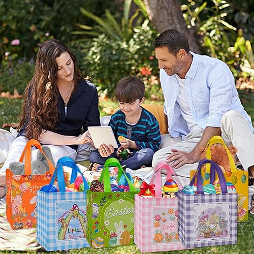 Miniatura 2 de Fayayuan 12 bolsas de regalo de Pascua grandes reutilizables con forma de huevo de conejo bolsas de mano no tejidas para envolver regalos juego de