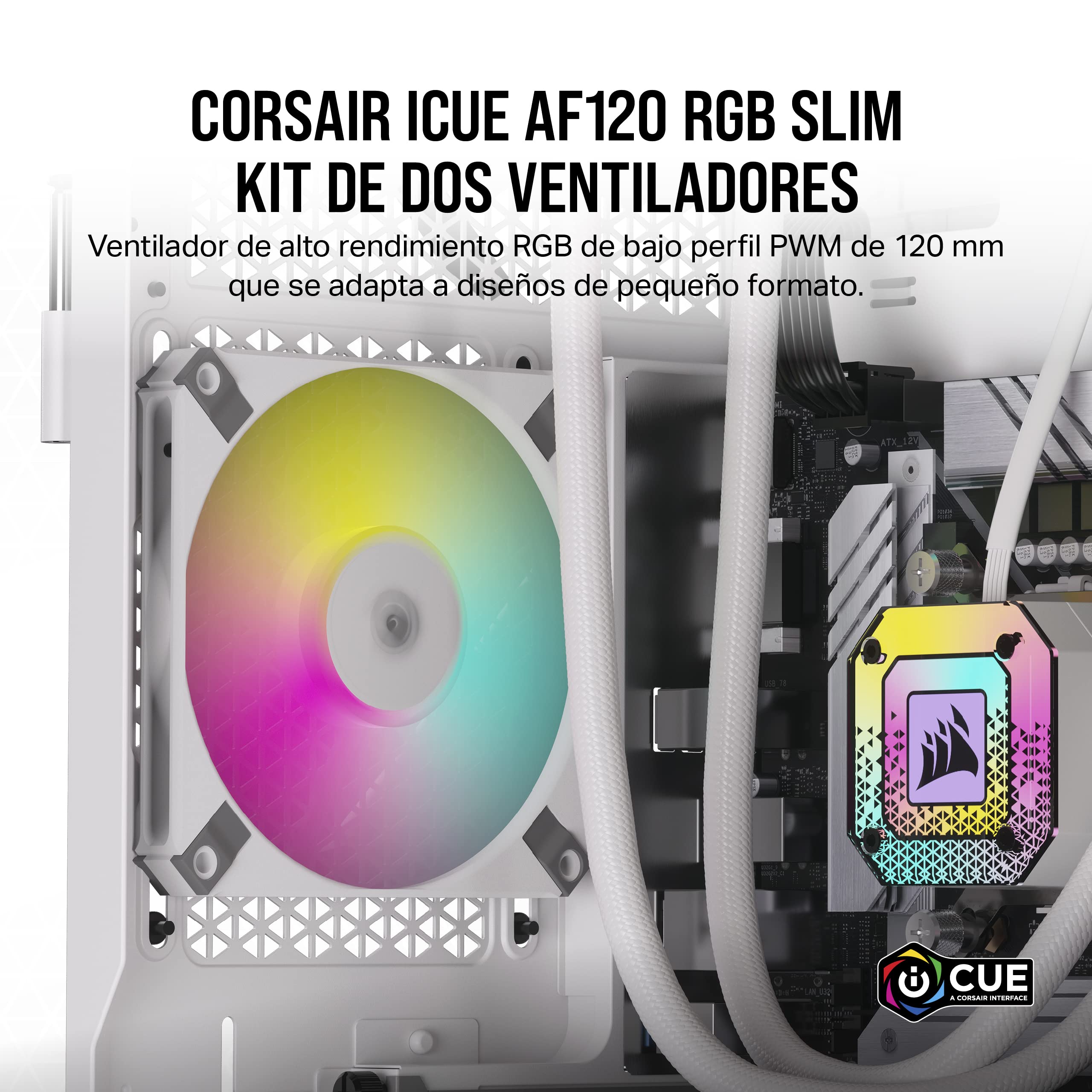 Corsair AF120 RGB Slim, Kit de Ventilador de 120 mm con Rodamiento Dinámico de Fluidos PWM - Perfil Delgado para Cajas Pequeñas - 8 LED RGB Direccionables - Pack Doble con Lighting Node Core - Blanco