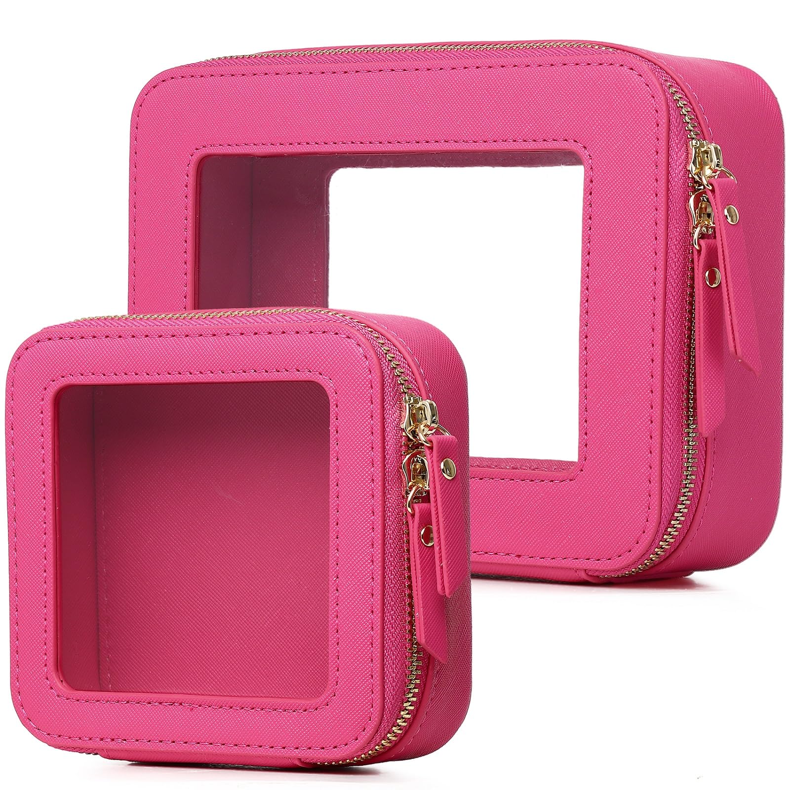 Clear Makeup Bag Set Travel Cosmetic Bag and Toiletry Bag Women's Purse Pouch Cosmetic Stroage Organizer Case with Zipper Car Essentials (Fuxia, M+Mini)