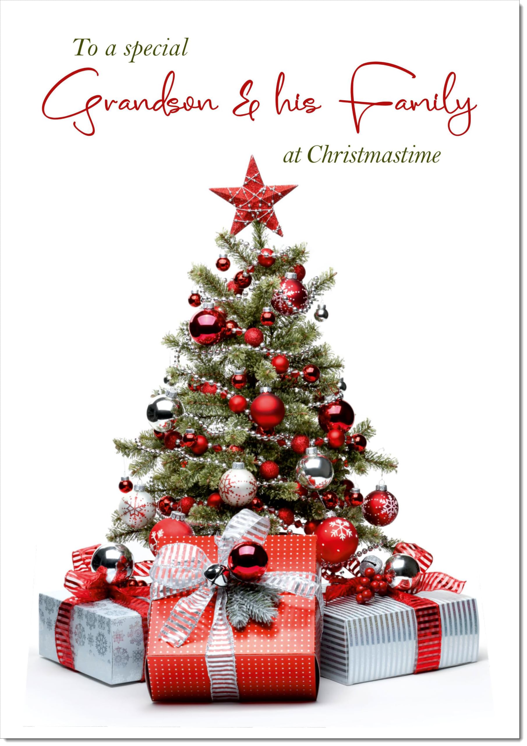 doodlecards Grandson and Family Christmas Card Christmas Tree and Parcels Large A4 Size Christmas Card for Grandson & Family with Plain Envelope โ image 1