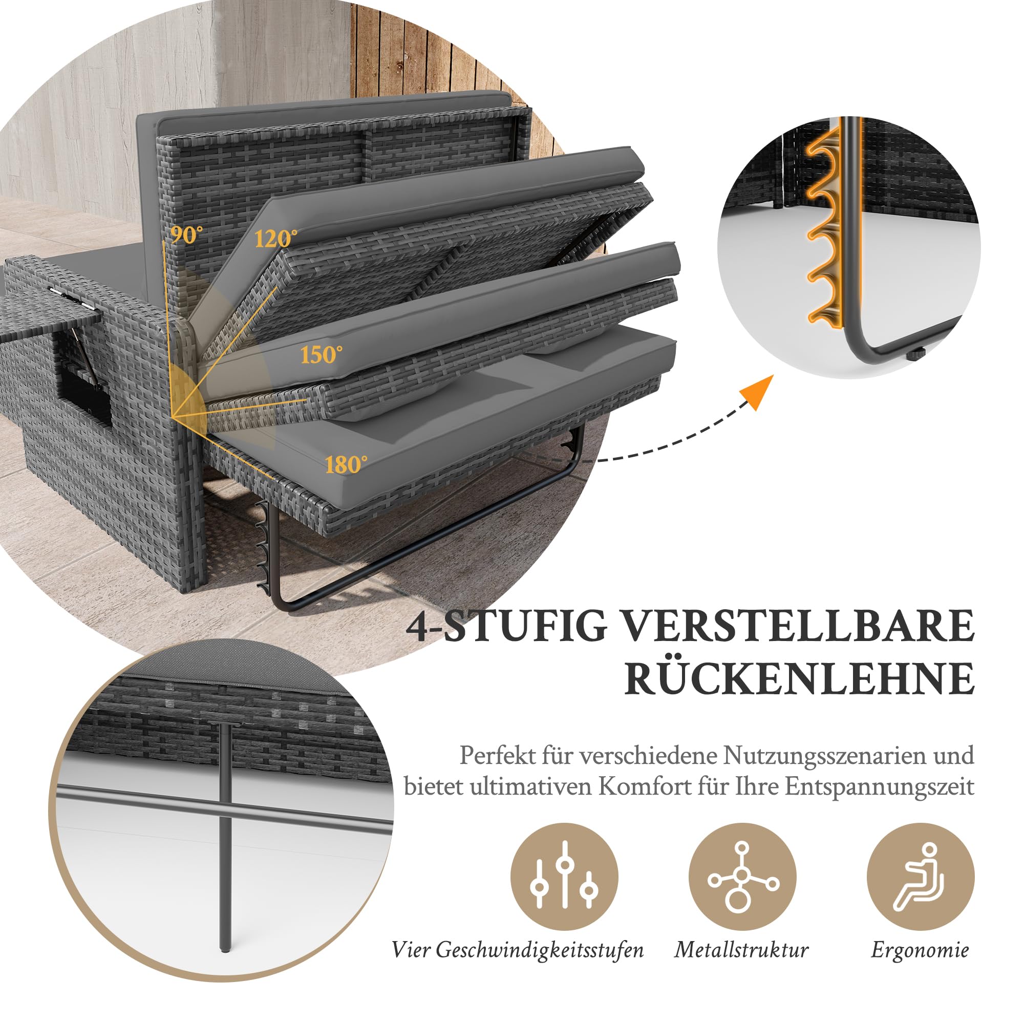 Amopatio Rattan Gartenlounge Outdoor Set, 2-Sitzer Gartensofa mit Verstellbarer Rückenlehne und Stauraum, Wetterfestes Lounge Möbel für Balkon und Terrasse, mit Hocker und Kissen, Grey