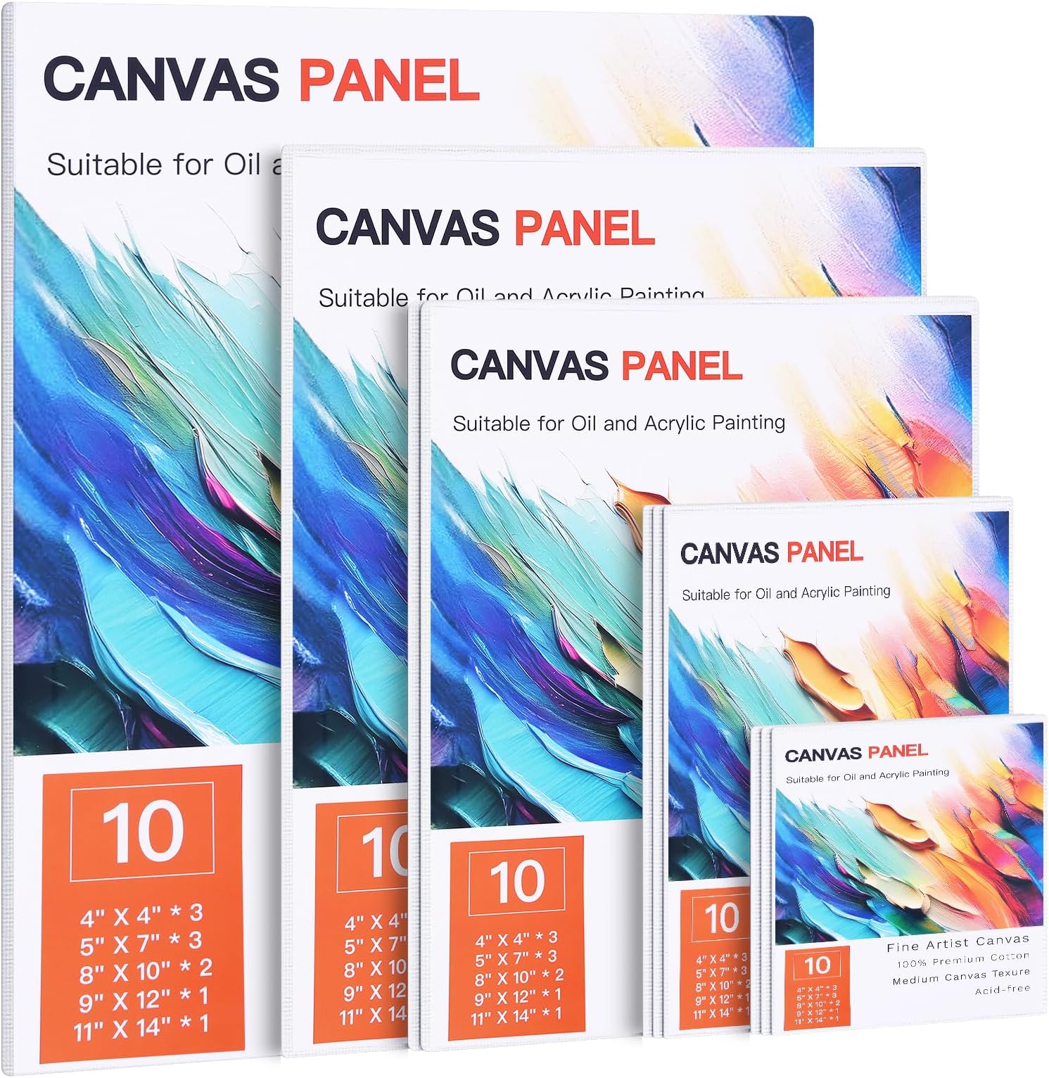 FIXWAL Canvas Boards for Painting 10pcs, with 8x10, 9x12, 11x14, 5x7, 4x4 Canvases for Painting Art Paint Canvas Panels Gesso Primed Acid-Free Blank Canvas Boards Acrylics Oil Watercolor Paints