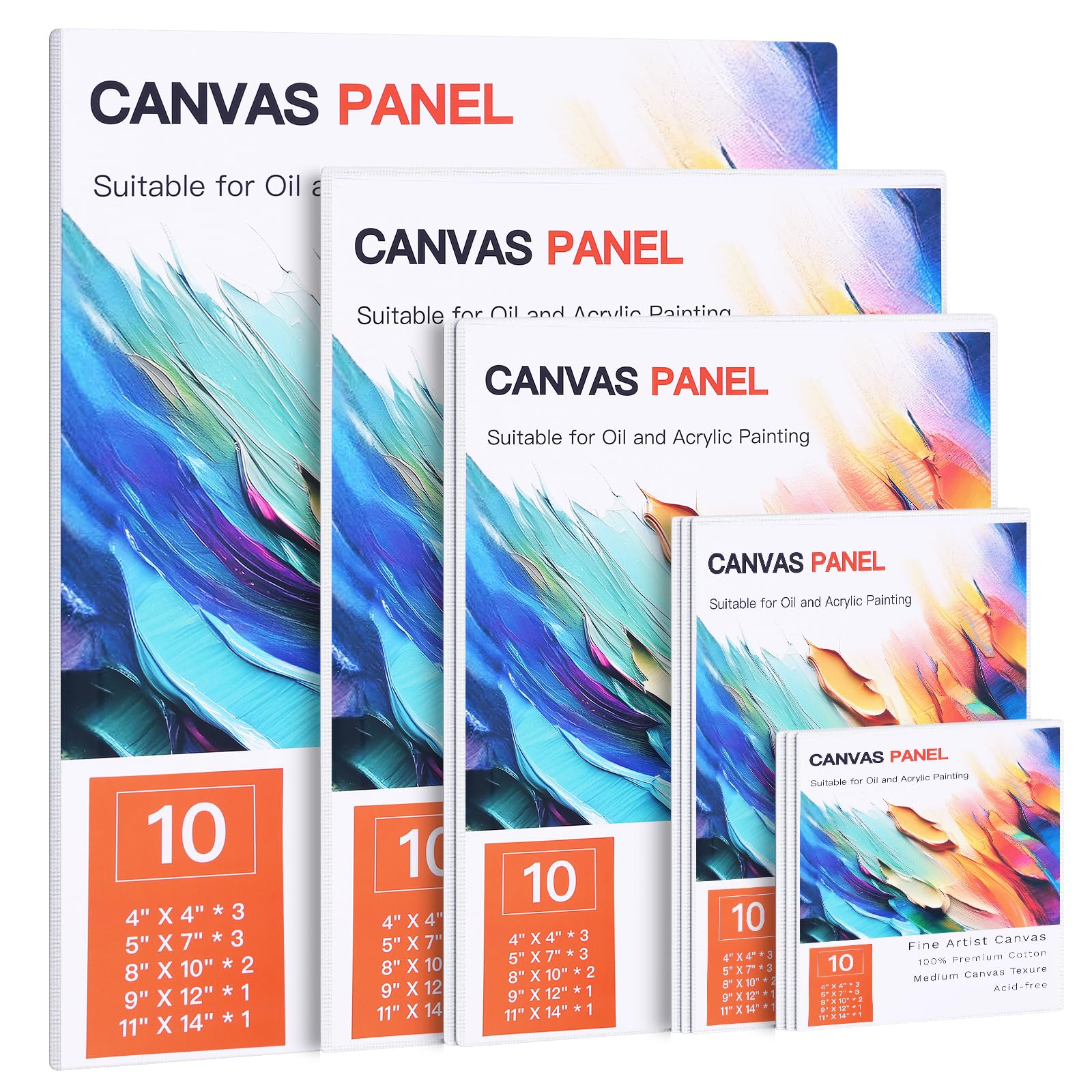 FIXWAL Canvas Boards for Painting 10pcs, with 8x10, 9x12, 11x14, 5x7, 4x4 Canvases for Painting Art Paint Canvas Panels Gesso Primed Acid-Free Blank Canvas Boards Acrylics Oil Watercolor Paints