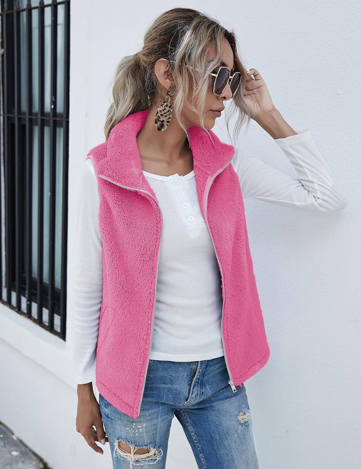 LOMON Womens Fuzzy Sherpa Fleece Jacket Lightweight Vest Cozy Sleeveless Cardigan Zipper Waistcoat Outerwear with Pocket - Image 3