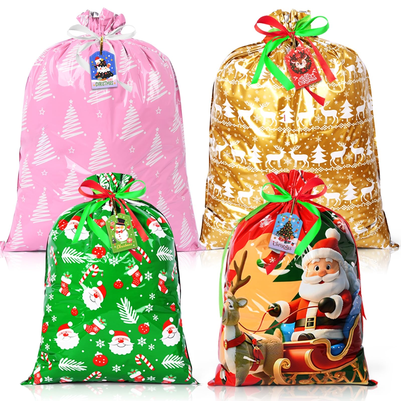 AhfuLife Weihnachten Geschenkbeutel mit Kordelzug, 4 Stück Weihnachtsgeschenkbeutel 4 Designs 2 Größen mit Geschenkanhänger Weihnachten für Weihnachtsgeschenke Verpacken Xmas Deko