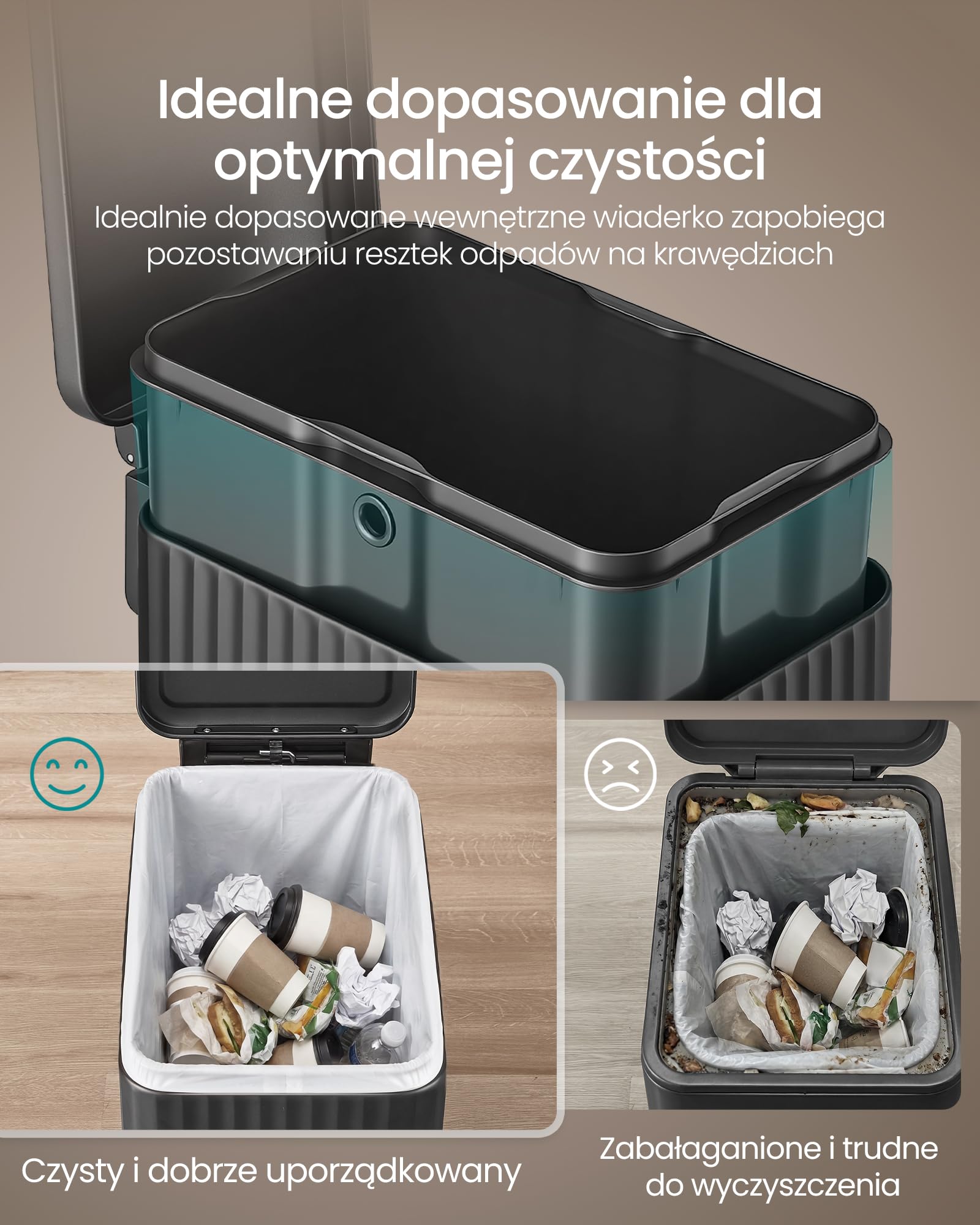 SONGMICS Kosz na śmieci do kuchni, 50 l, z pedałem i pokrywą, system cichego domykania, wyjmowany wkład, stalowy, w zestawie 15 worków na śmieci, kolor: atramentowa czerń (LTB350BZ02)