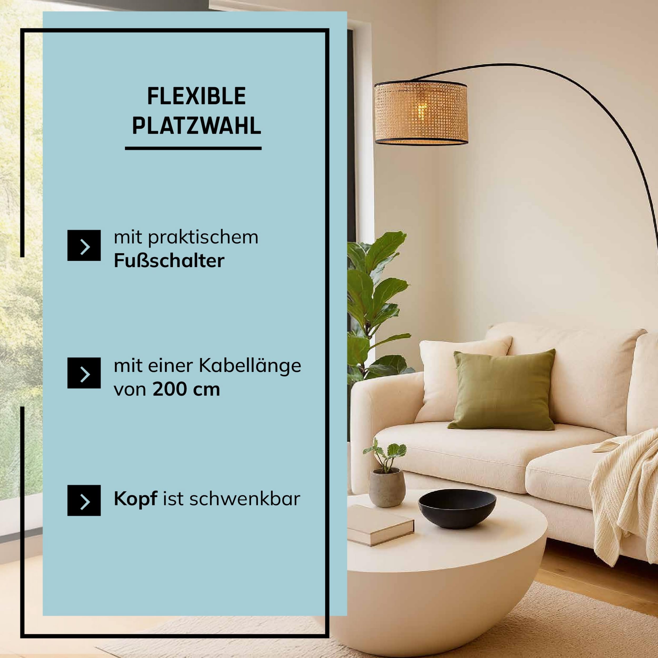 Lightbox boogvormige vloerlamp in natuurstijl | boho vloerlamp met rotan kap & telescopische arm & draaibare