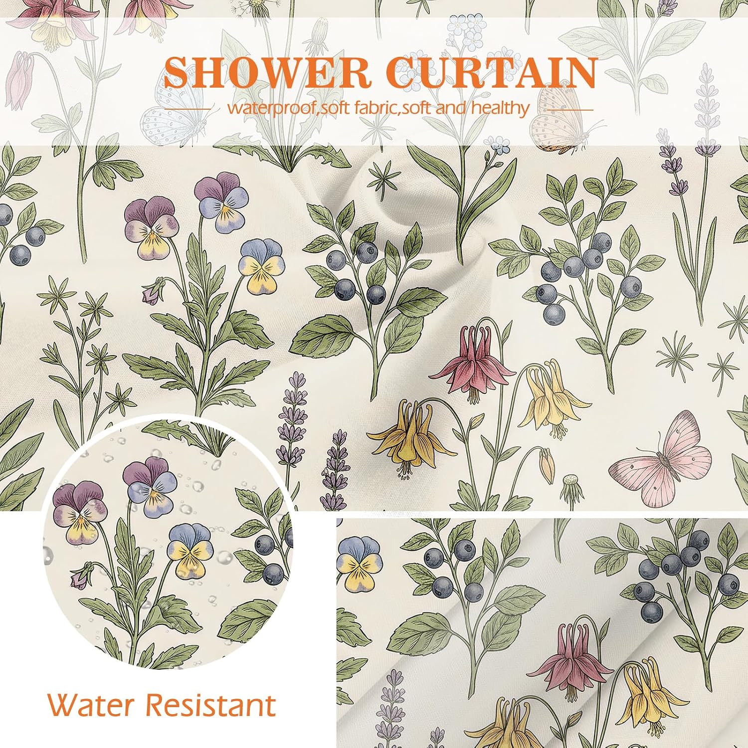 Aimego Floral Spring Shower Curtain - Sage Green Plant Leaves Colorful Flowers Summer Nature Botanical Fabric Cloth Bath Shower Curtain Set with 12 Hooks for Bathroom Decor Accessories, 72"x72" image 4