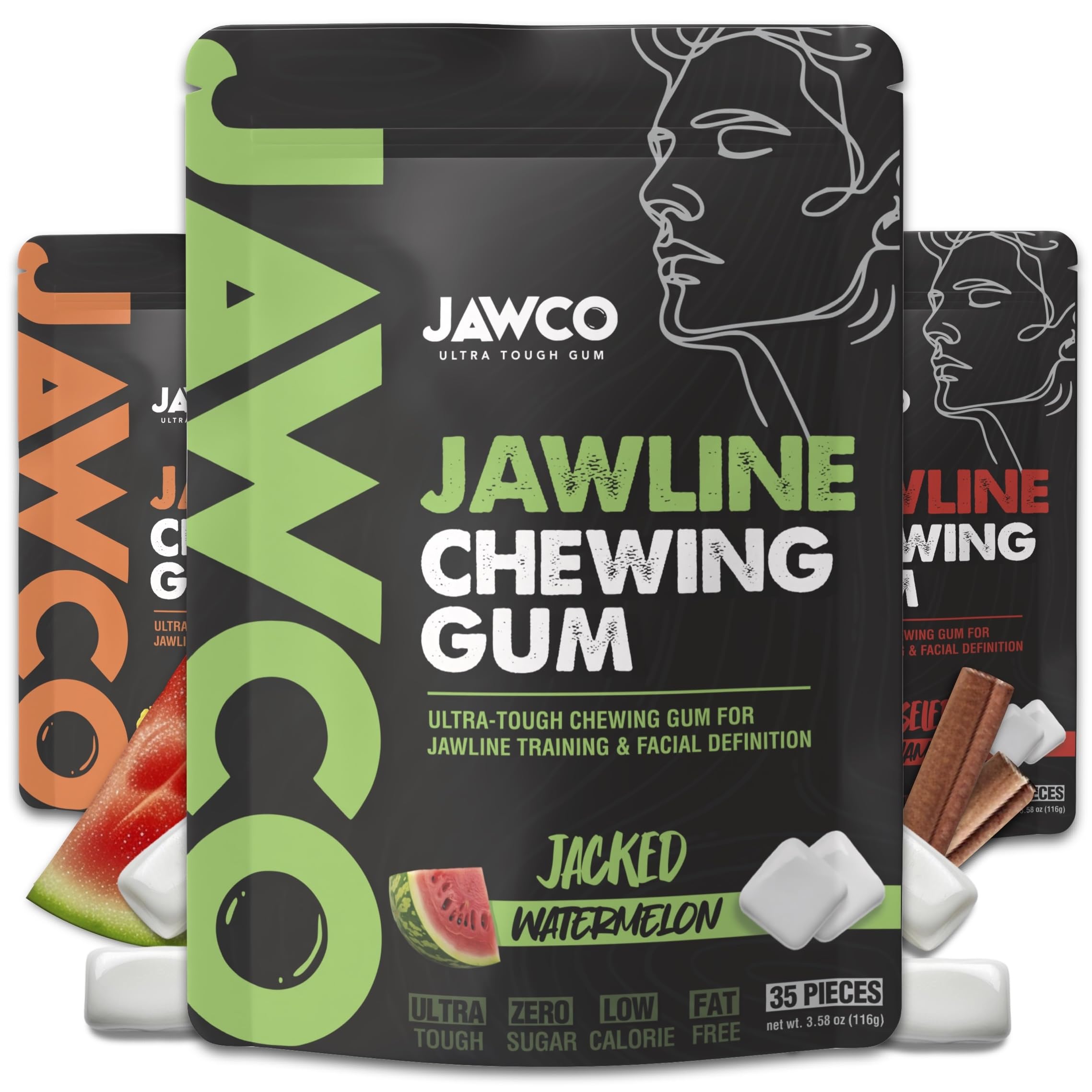 JAWCO Ultra-Tough Jawline Gum Variety 3-Pack | Watermelon, Mango, Cinnamon | Get a Stronger, Squarer Jawline | 15X Harder than other Gum | Jaw Training Hard Chewing Gum | Chisel & Sculpt your Jawline