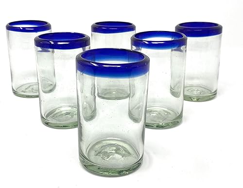 Miniatura 1 de Vasos mexicanos soplados a mano, juego de 6 vasos de jugo con bordes azul cobalto (8 onzas cada uno)