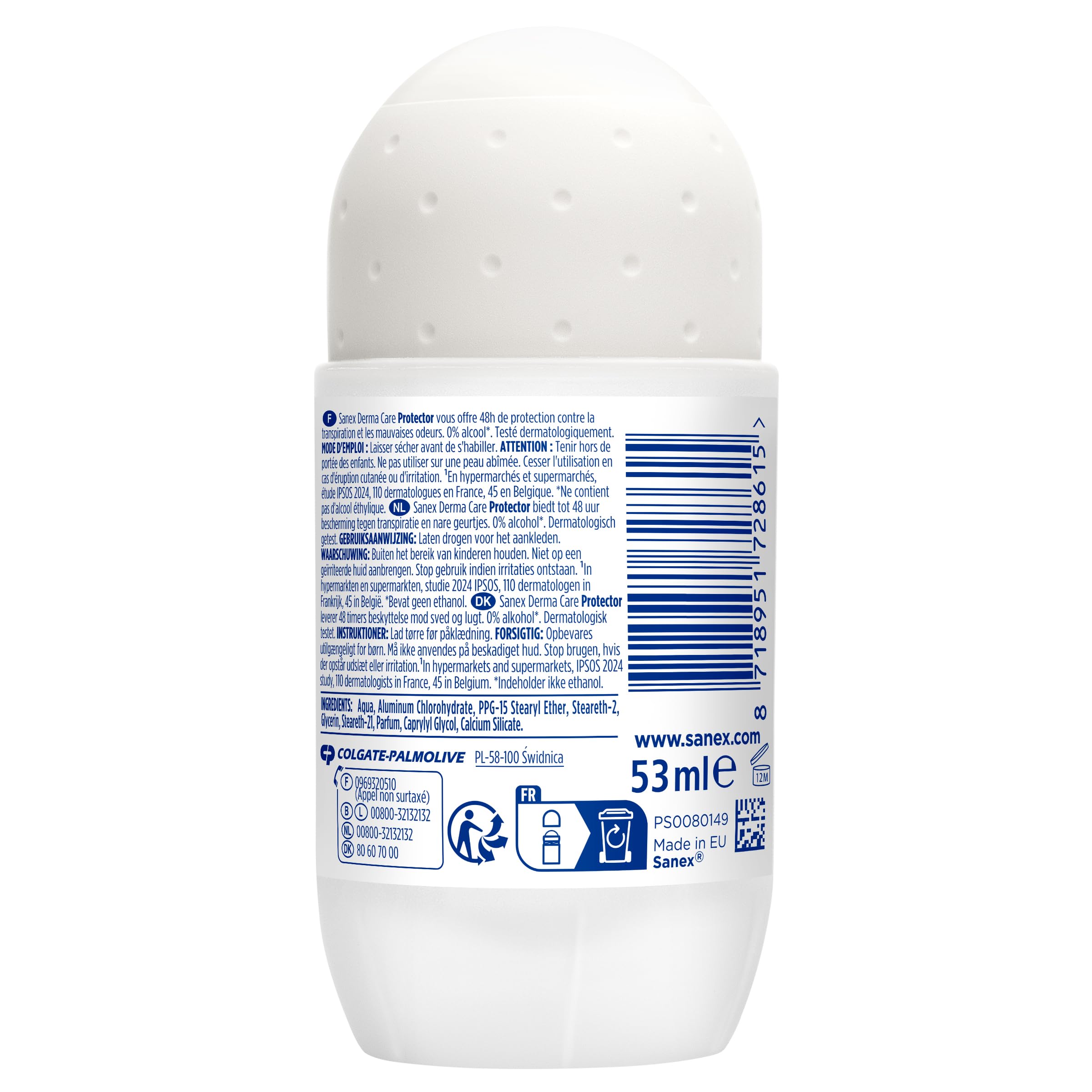 SANEX -Derma Care Protector 48 h Déodorant Bille Anti-transpirant 53 ml –fraîcheur longue durée contre la transpiration et les mauvaises odeurs – respecte la peau– ne contient pas d’alcool*