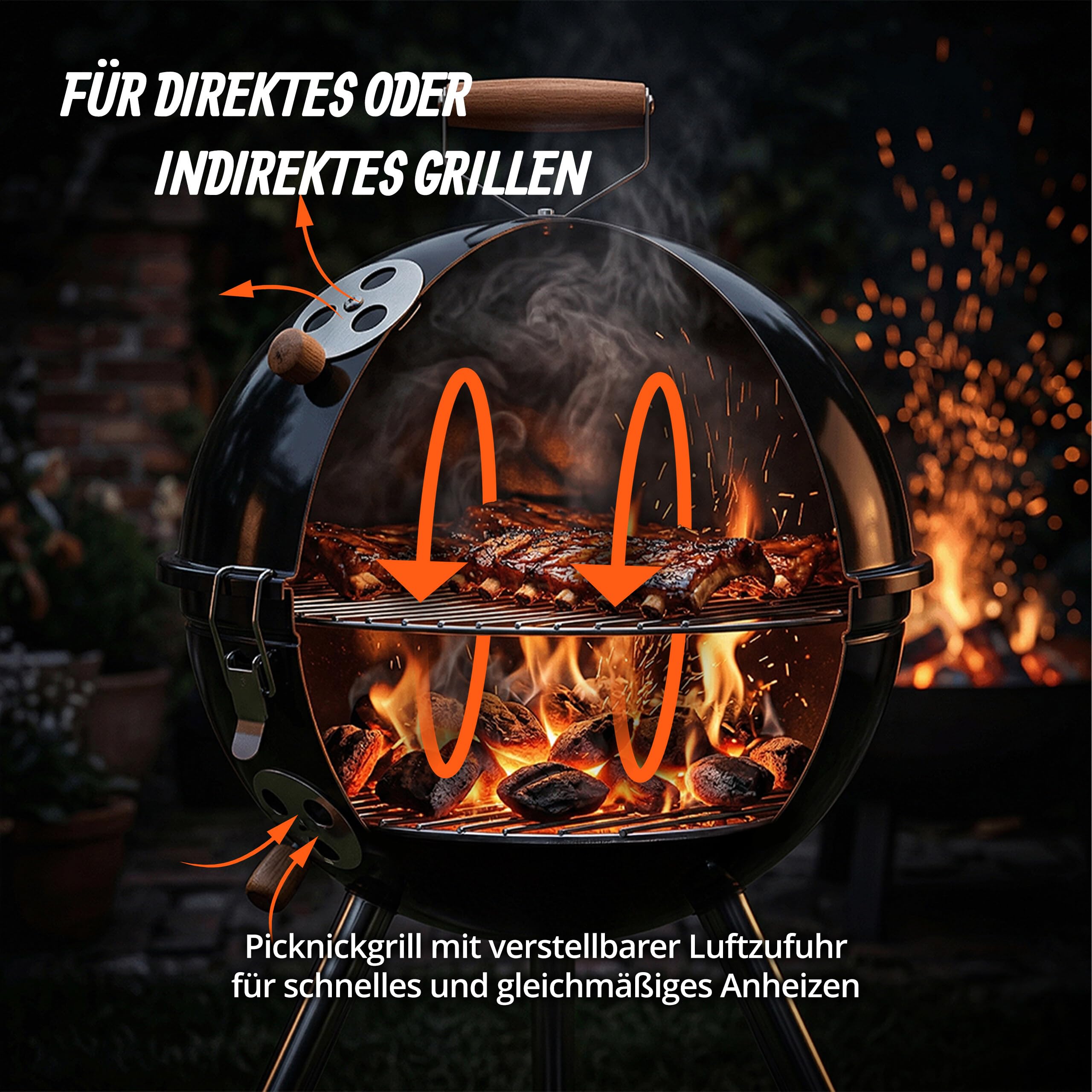 Relaxdays Mini Kugelgrill, tragbar, Ø 30 cm, Picknickgrill für Balkon & Camping, Holzkohlegrill mit Holzgriff, schwarz