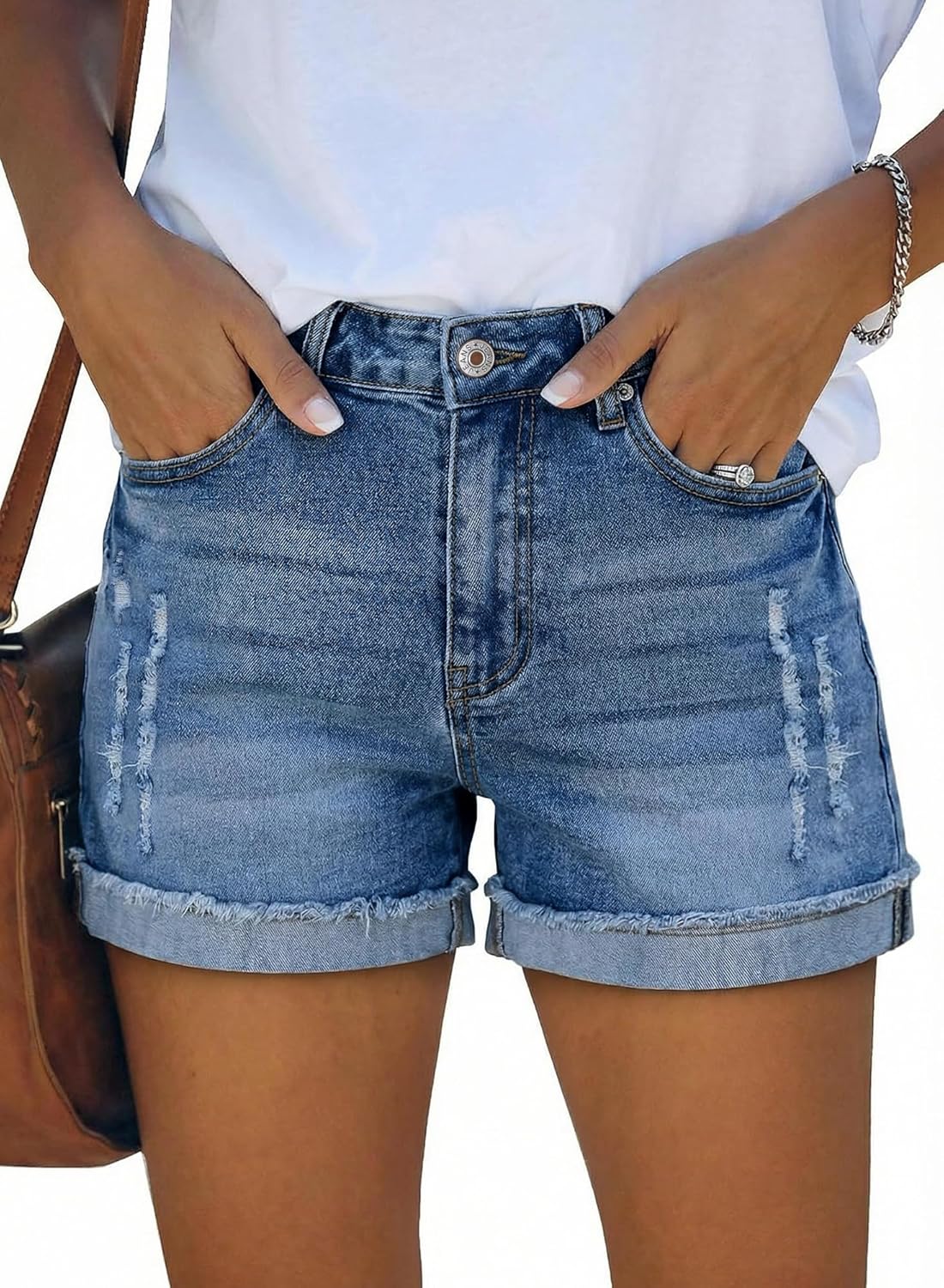 onlypuff Jean Shorts for Women Frayed Cut Off Denim Short High Waisted Ripped Distressed Mid Rise Trendy Summer Outfits