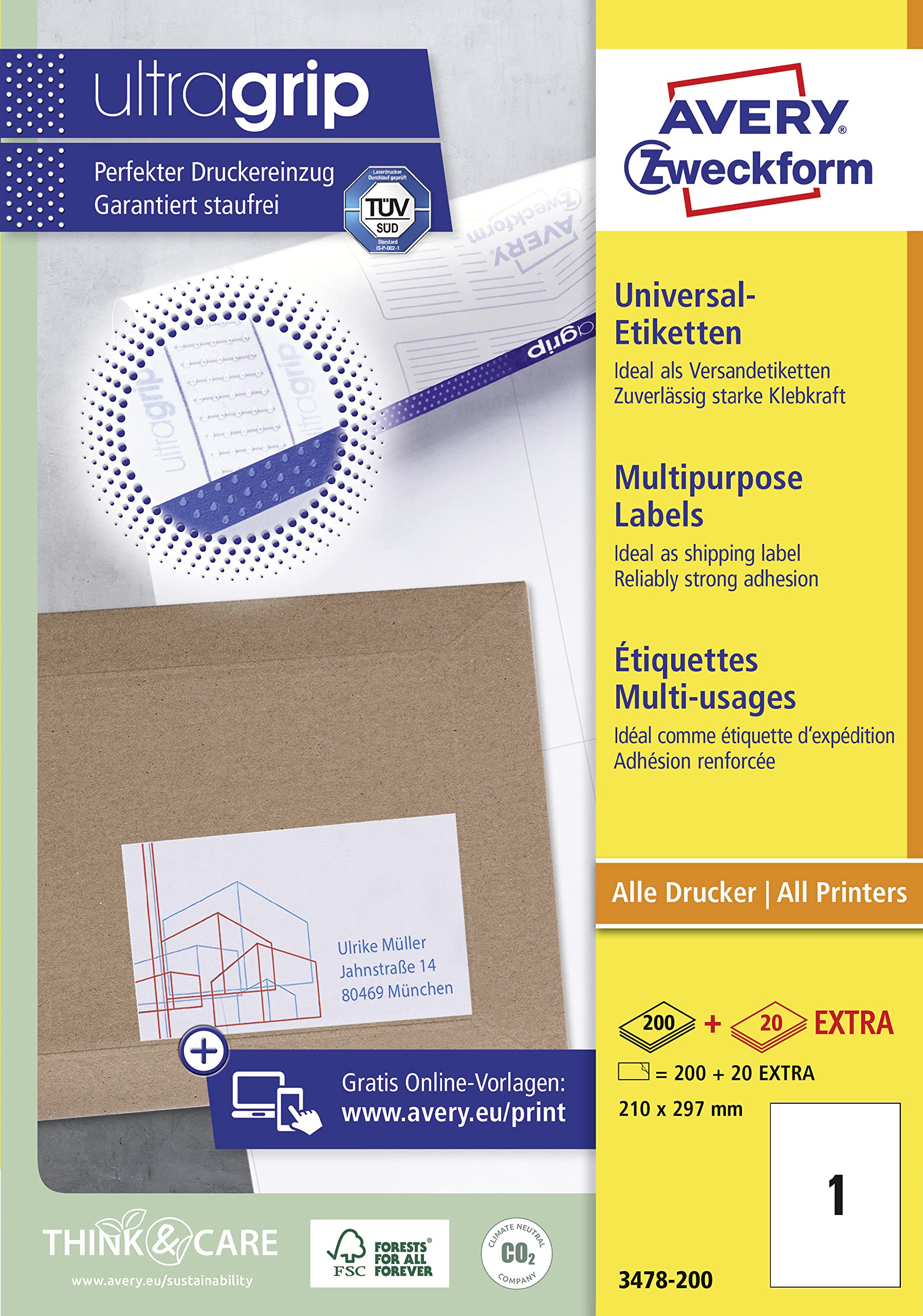 AVERY Zweckform 3478-200 Universal Etiketten (200 plus 20 Klebeetiketten extra, 210x297mm auf A4, bedruckbare Versandetiketten, selbstklebende Versandaufkleber mit ultragrip) 220 Blatt, weiß