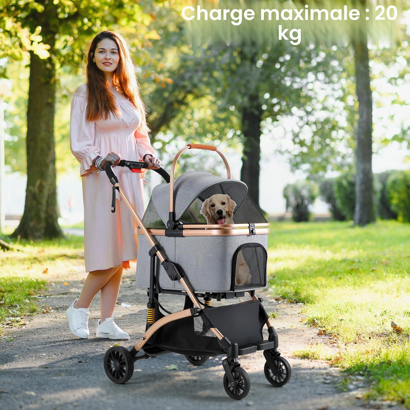 MAMIZO Poussette Chien 3-en-1, Poussette pour Chat Pliable, Panier de Rangement, Fenêtre en Filet, pour Petits Chiens et Chats, Jusqu'à 20 kg, 4 PCS Roues Résistant à l'Usure à 360°, Gris Foncé