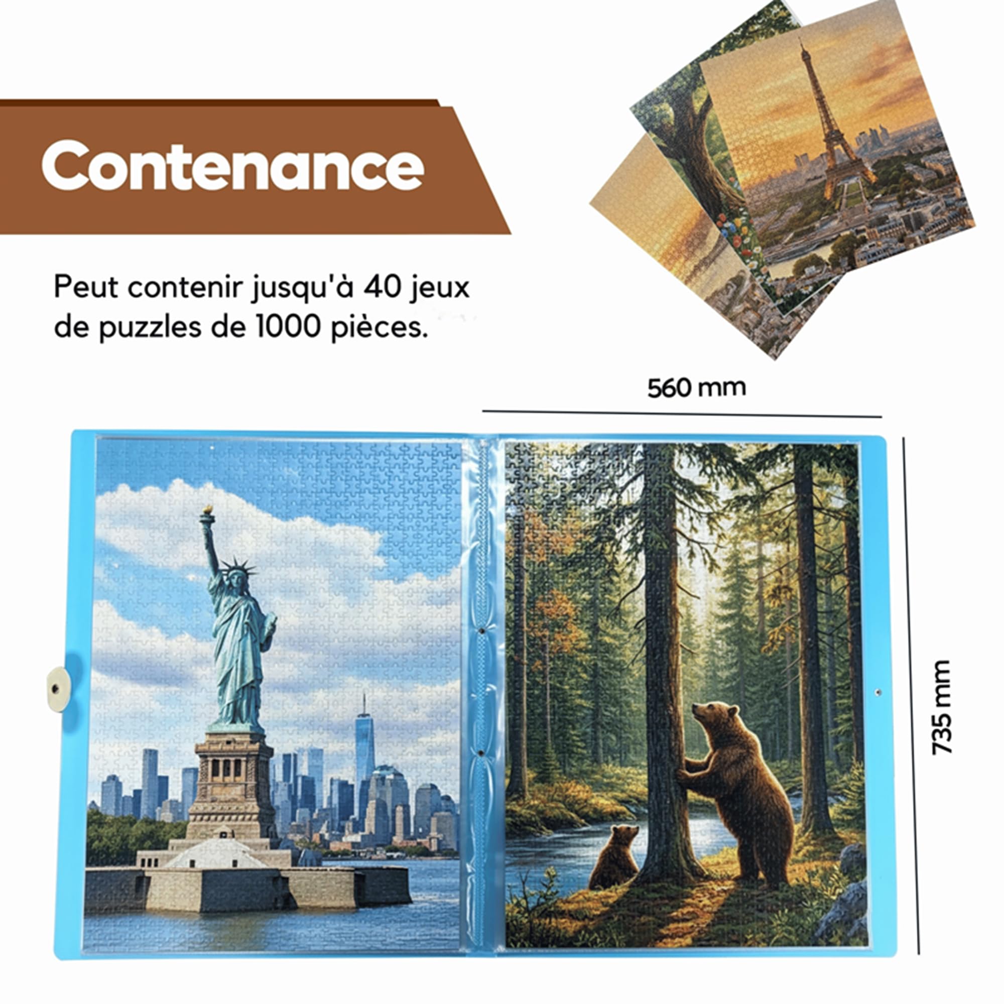 Classeur Puzzle 1000 Pièces – 20 Pochettes Double Face, 6 Plateaux de Tri – Album Rangement Antipoussière, Pochette Transparente Intégrée – Marque Française