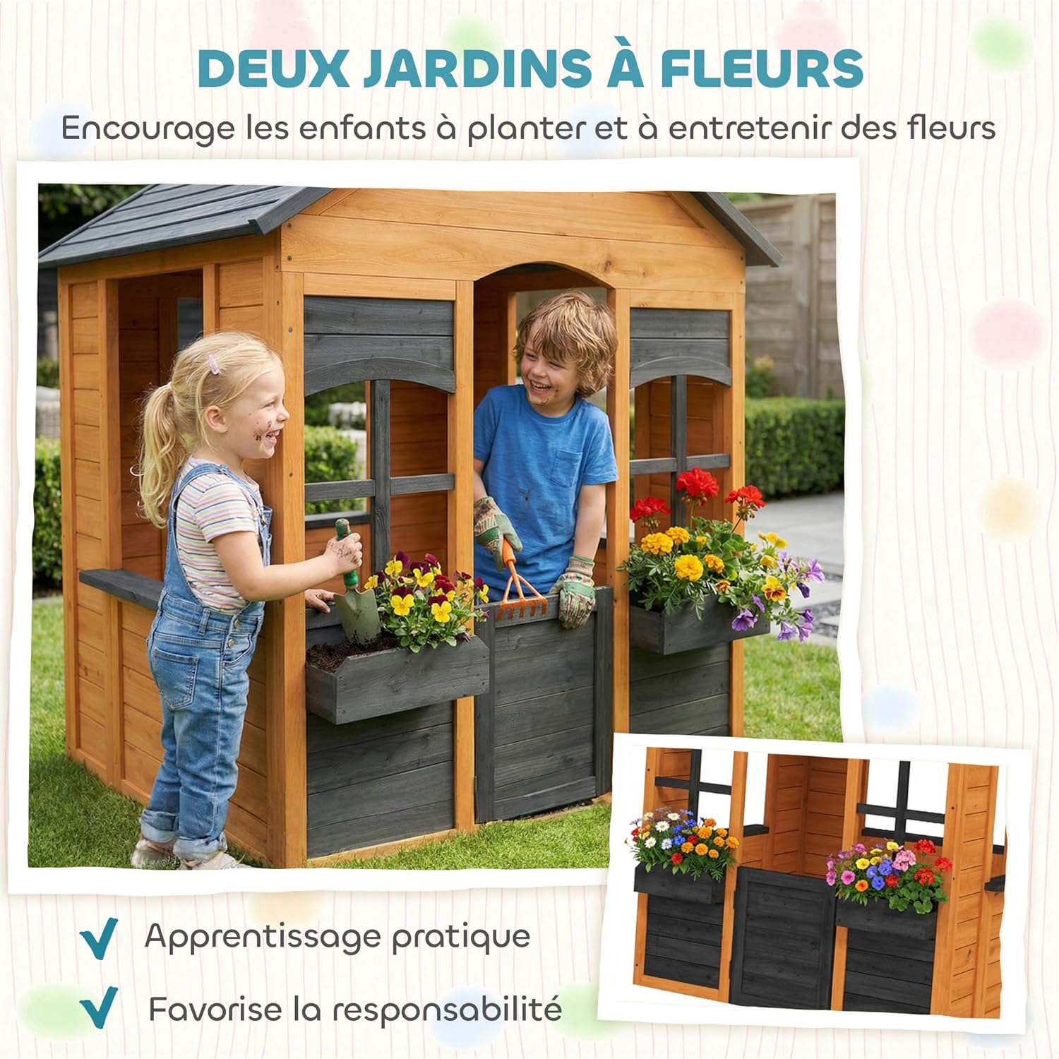 Children's Outdoor Wooden Cabin, Outdoor Children's House with Half Door, Windows, Flower Boxes, Play House for 3-8 Years, Imaginative Play, 110.5 x 106.7 x 138 cm, Light Brown