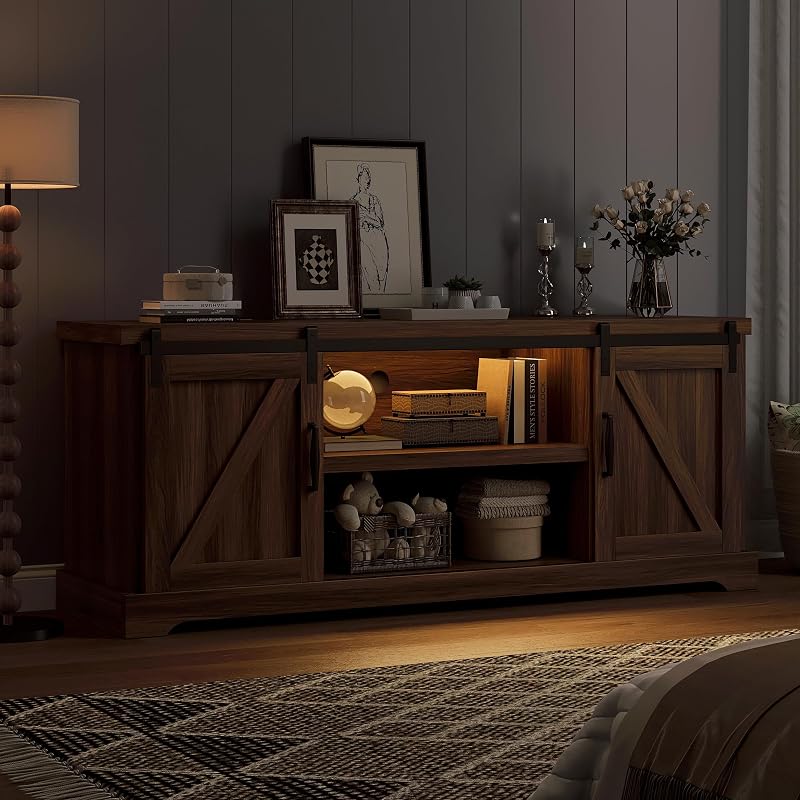 QUW 60" Farmhouse TV Stand for 70" TVs, Modern Entertainment Center, Brown image 4