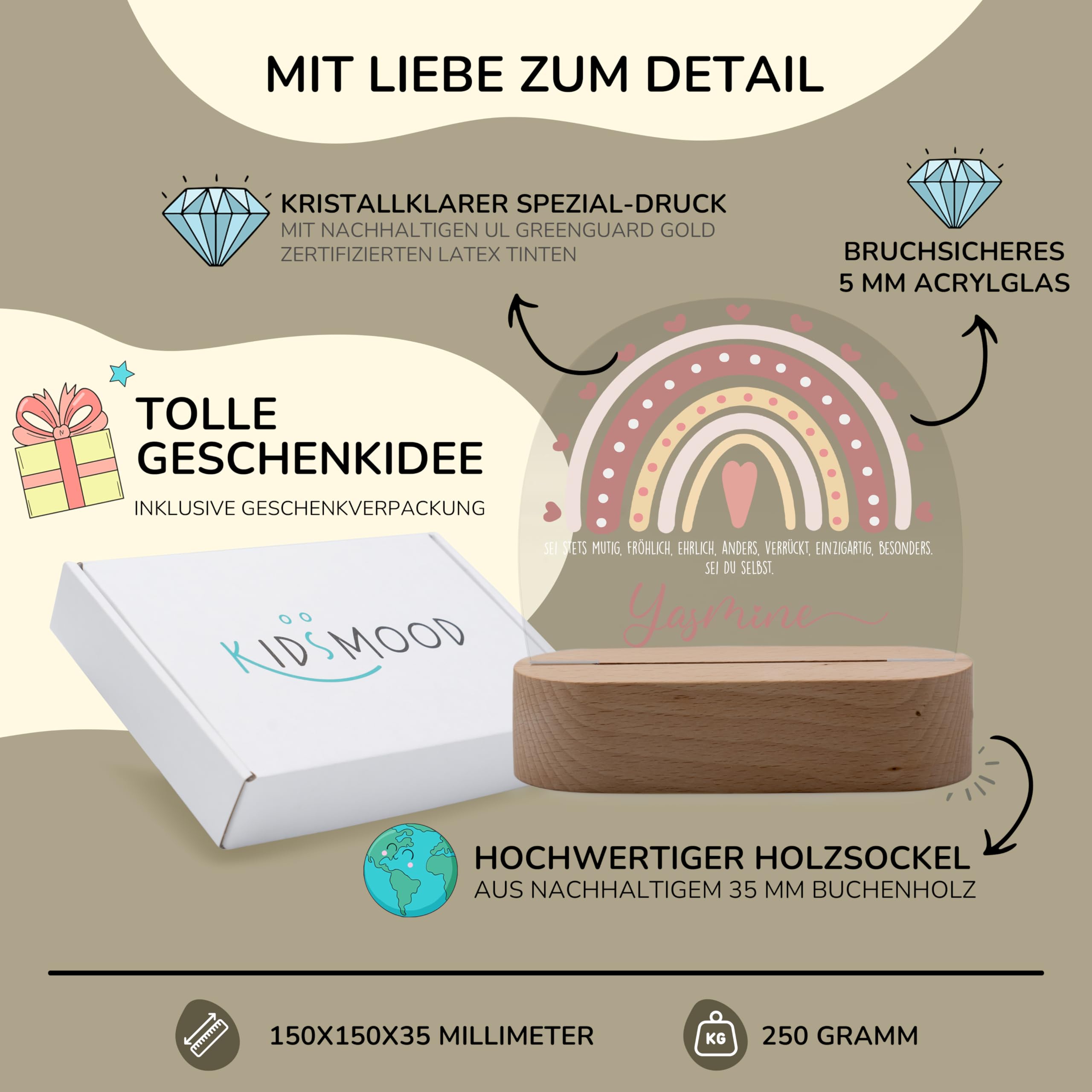 Kidsmood Nachtlicht Baby Holz - Personalisierte Nachttischlampe Kinder mit Namen, LED dimmbar, GREENGUARD - Stilllicht & Babyzimmer Deko, Geschenk Geburt, Taufe Mädchen Jungen [Rosa Regenbogen]