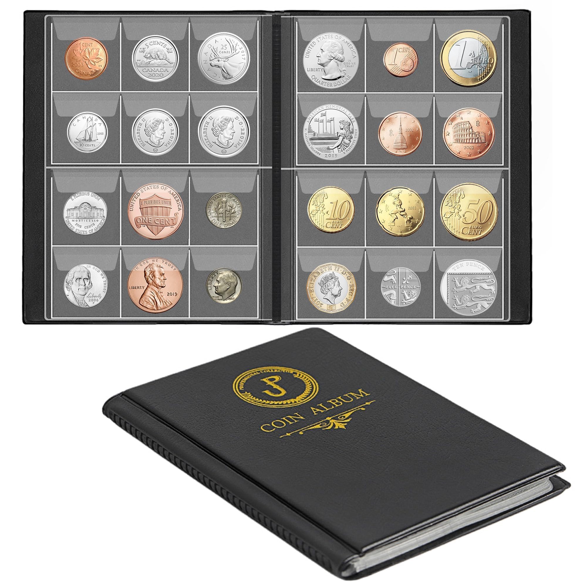 Uncle Paul Elegant Black 120 Pockets Coin Collection Album - Fits Coins Under 25Mm, 30X30mm/1.2X1.2 Inch Pocket Coin Holder Collecting Storage Book For Penny Euros Cs3712uks