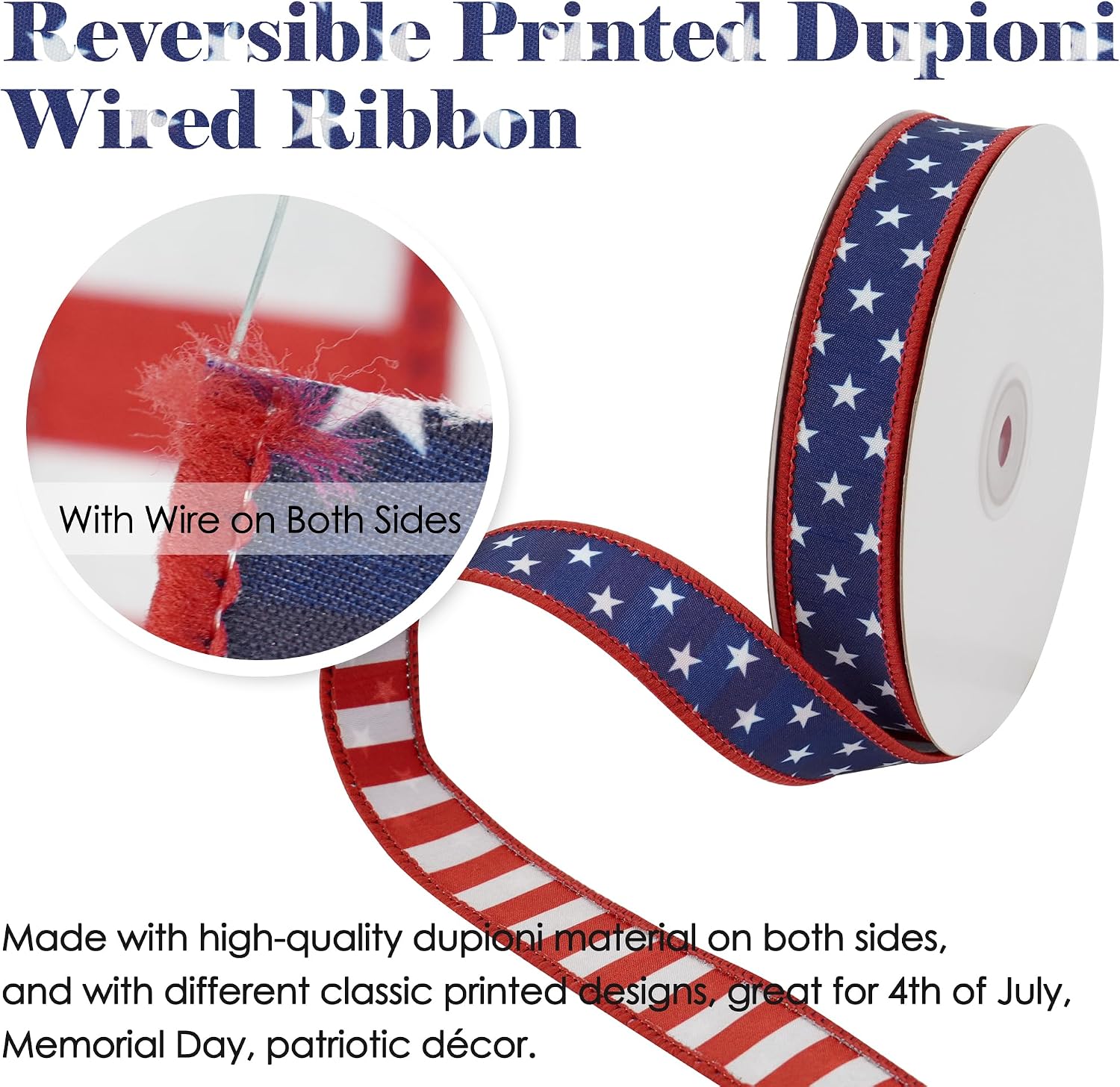 HUIHUANG Stars and Stripes Reversible Dupioni Wired Ribbon 1 inch Patriotic Wire Edge Ribbon for 4th of July Memorial Day Home Decor Bows Making DIY Crafts - Continuous 10 Yards