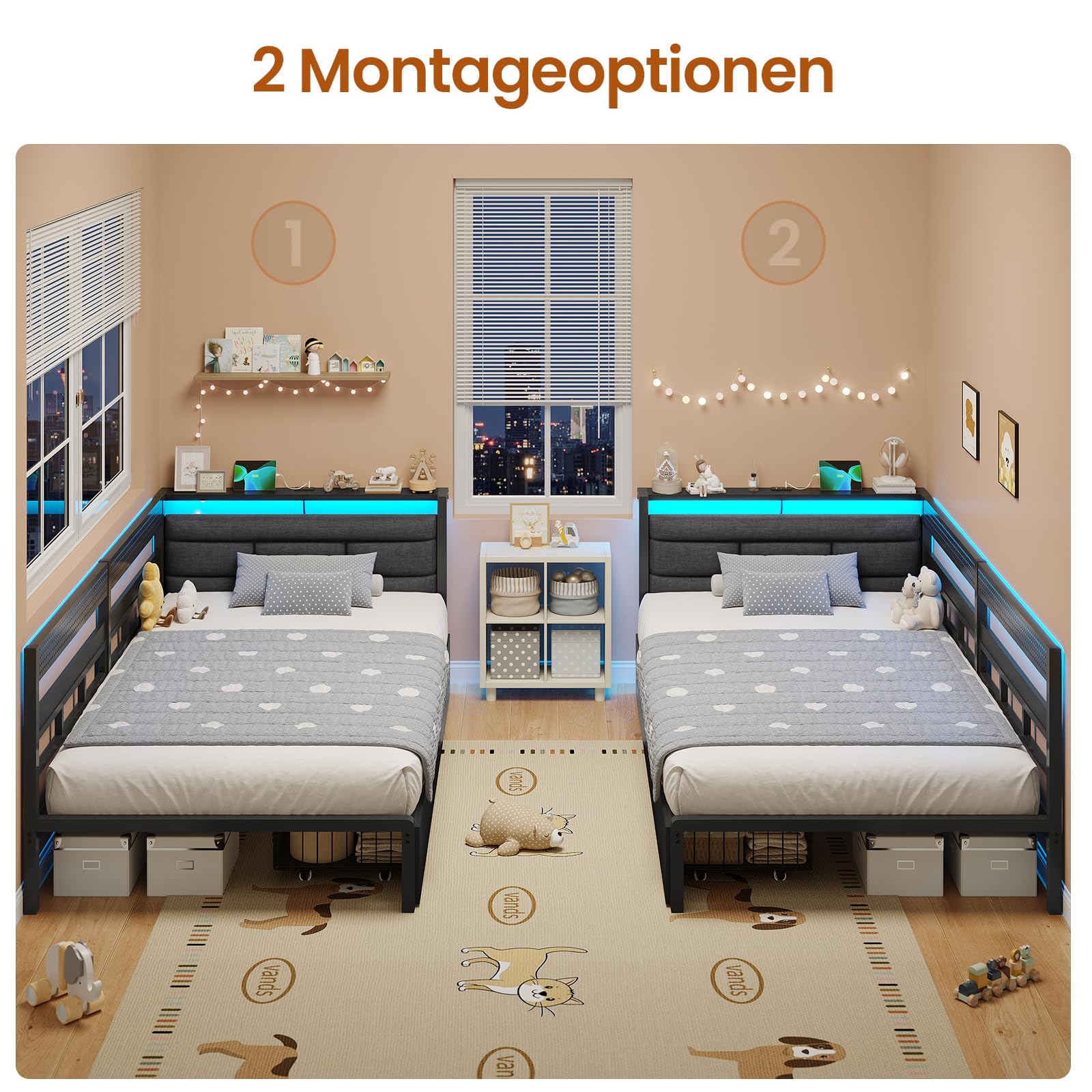 KIMENICH Polsterbett Schlafsofa 90x200 mit LED-Beleuchtung, Ladestation, Tagesbett, Jugendbett mit 2 Schubladen und Lattenrost aus Metall, Gepolstertes Kopfteil mit Offener Ablage, Schwarz