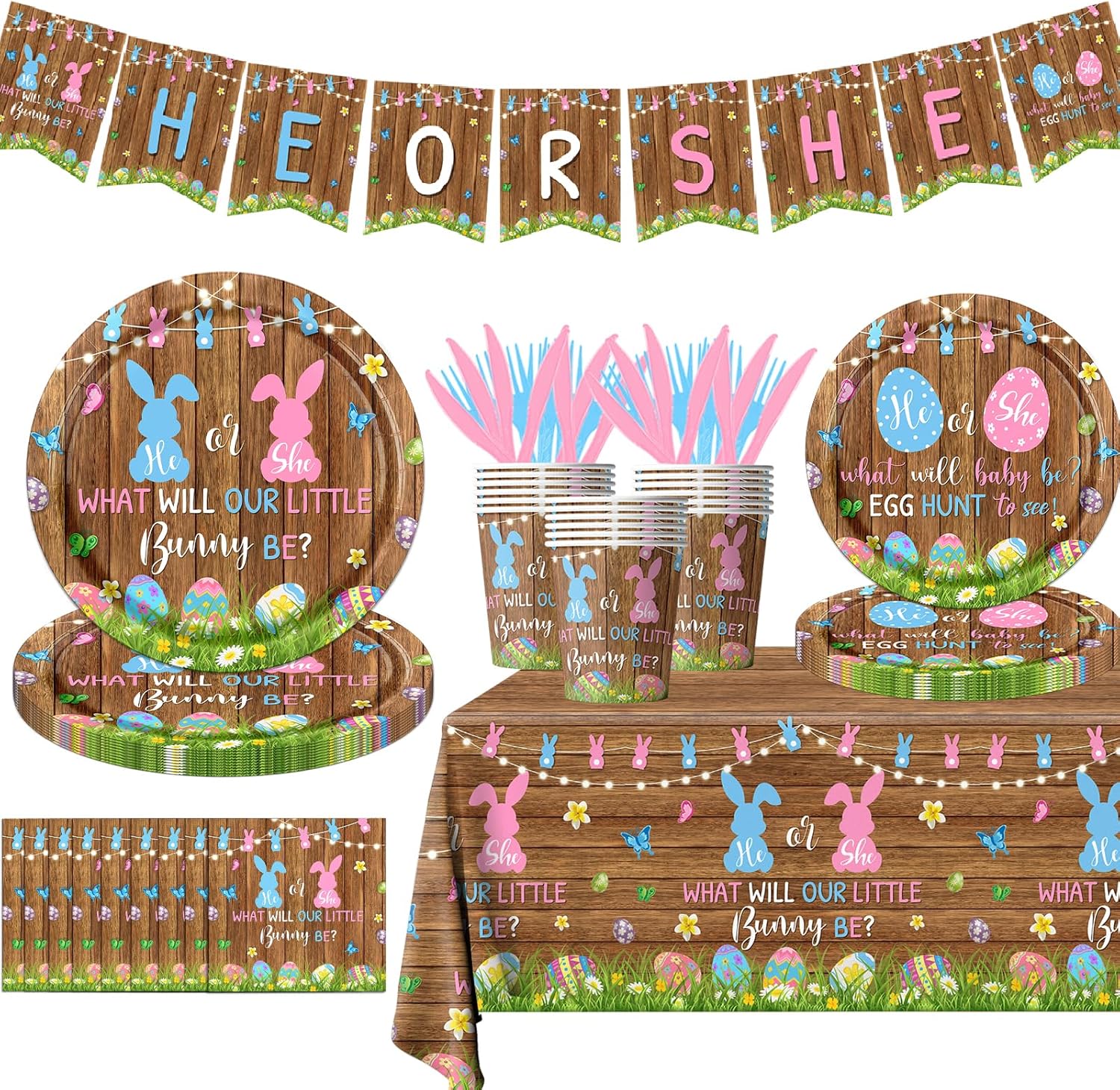 Easter Gender Reveal Decorations, 142 Pcs What Will Our Little Bunny Be Bunny Baby Shower Decorations Boy Or Girl Gender Reveal Plates Tablecloth Banner for Easter Baby Shower Party Decorations