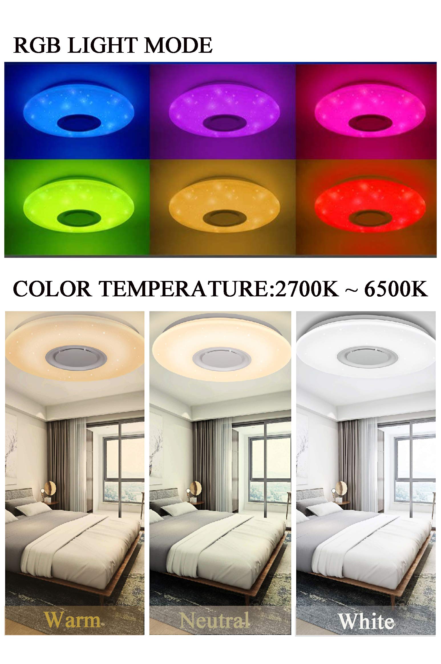 36W Ø50cm LED Plafonnier avec Bluetooth et Télécommande | APP Contrôle, Musique, 3000K-6500K Éclairage, RGB, Dimmable, pour Chambre, Chambre d'Enfants, Salon (Certification CE)