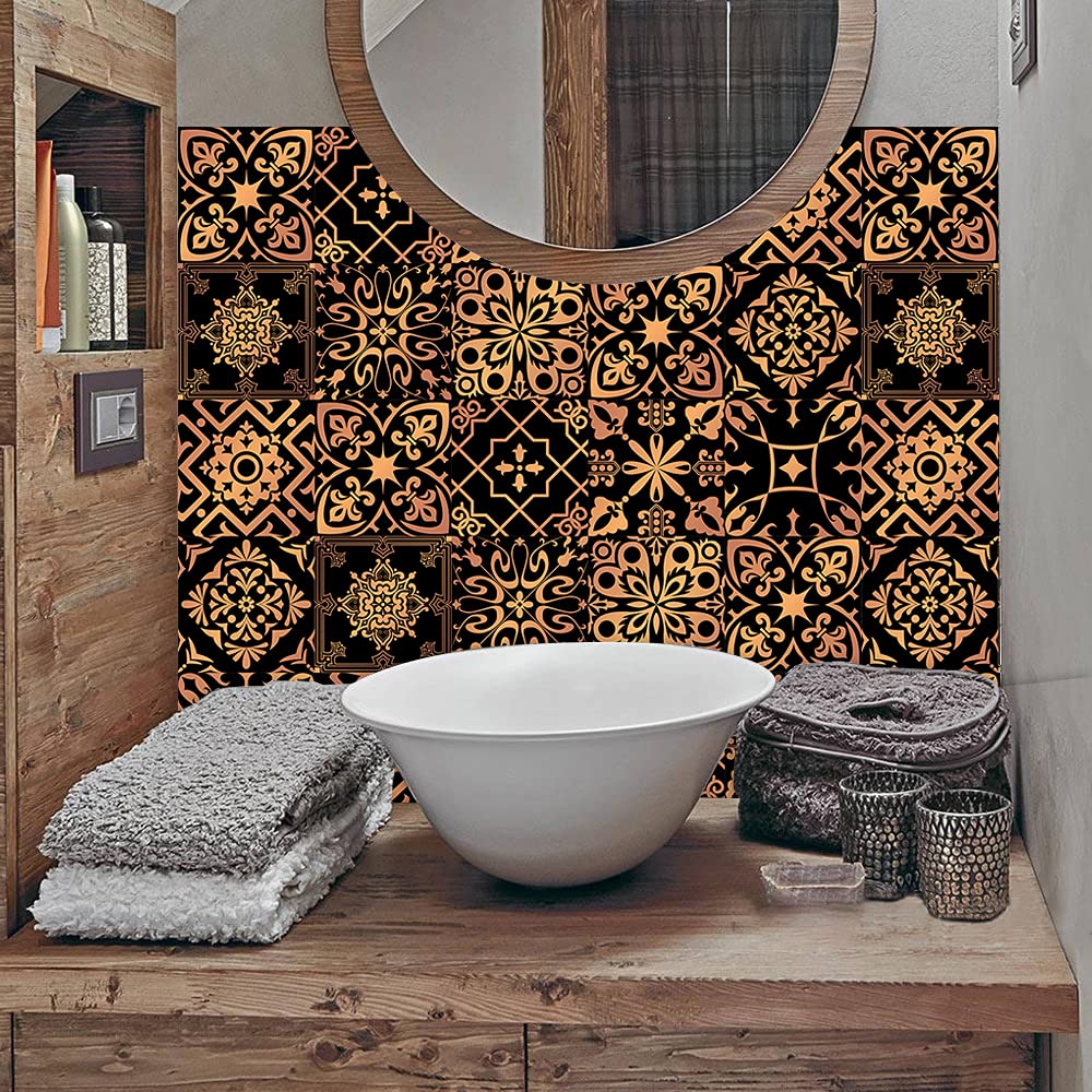 We Marokko Zwart Gouden Tegelstickers, 10 stuks/20 x 20 cm, waterdicht, oliebestendig, hittebestendig, doe-het-zelf wandtegels, keuken, badkamer, woondecoratie, vierkant, binnen, vinyl, decoratief