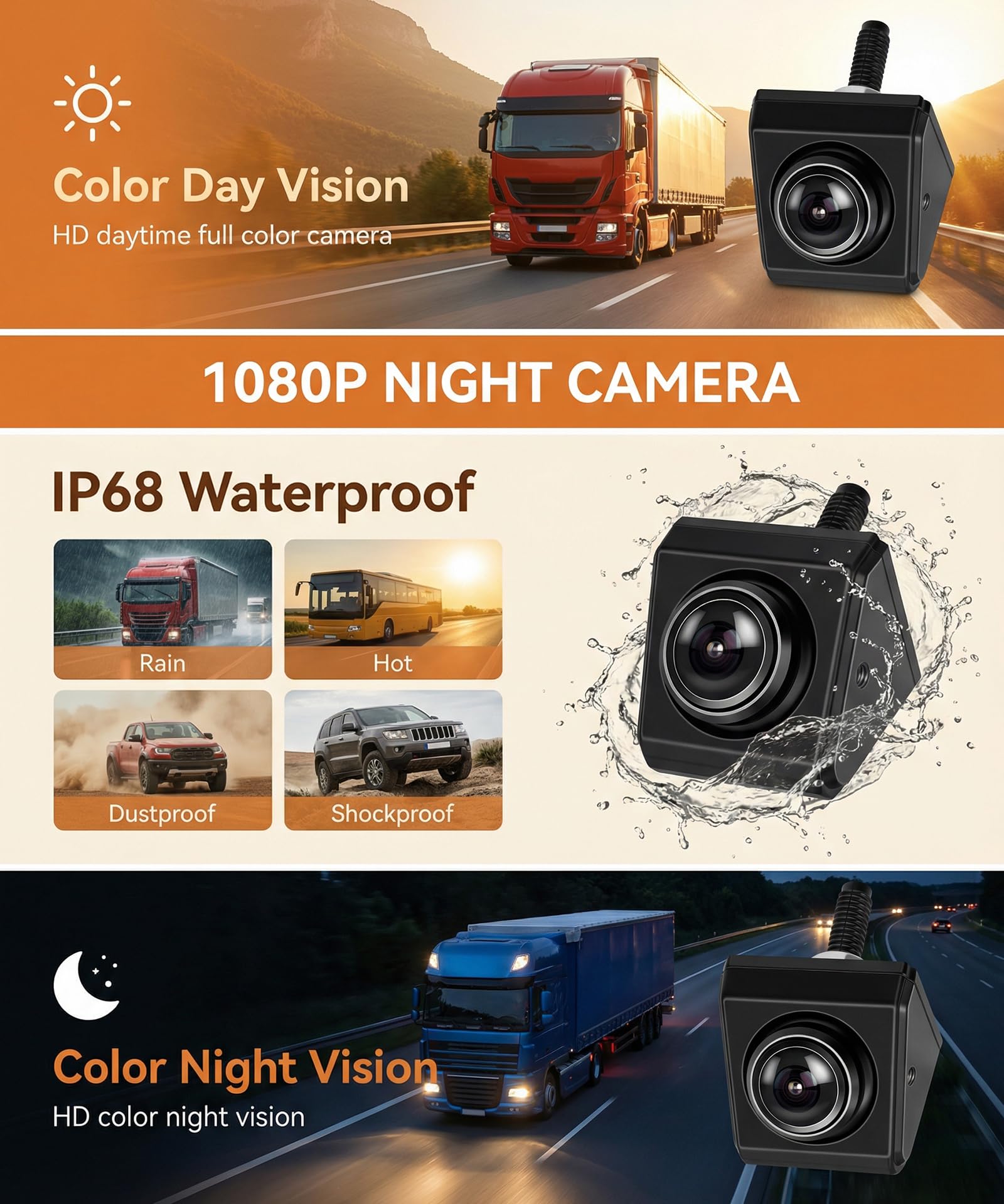 VECHTEL Monitor per auto HD 5'' con Telecamera Orientabile, Kit Telecamera Posteriore con Impermeabile IP68 Visione Notturna Supergrandangolo Linea di Retromarcia, Cavo da 8M, 12-24V per Berline SUV