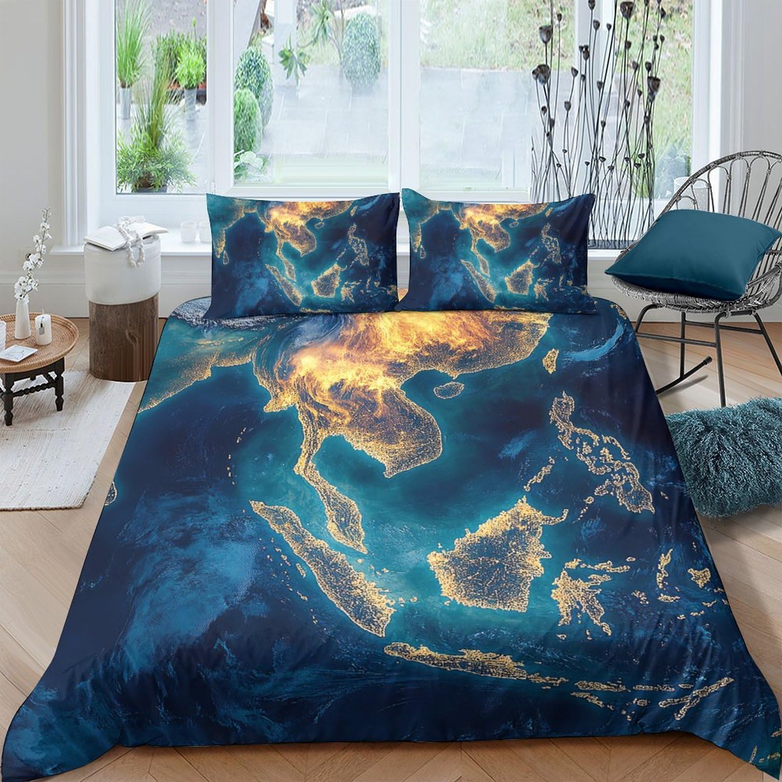 Ctjqhvkz Style-7 3D Printed Earth Map Fitted Sheet Microfiber Soft Deep Blue Ocean Mattress Cover For Bedroom Dorm Room Decor Single（135X200cm）