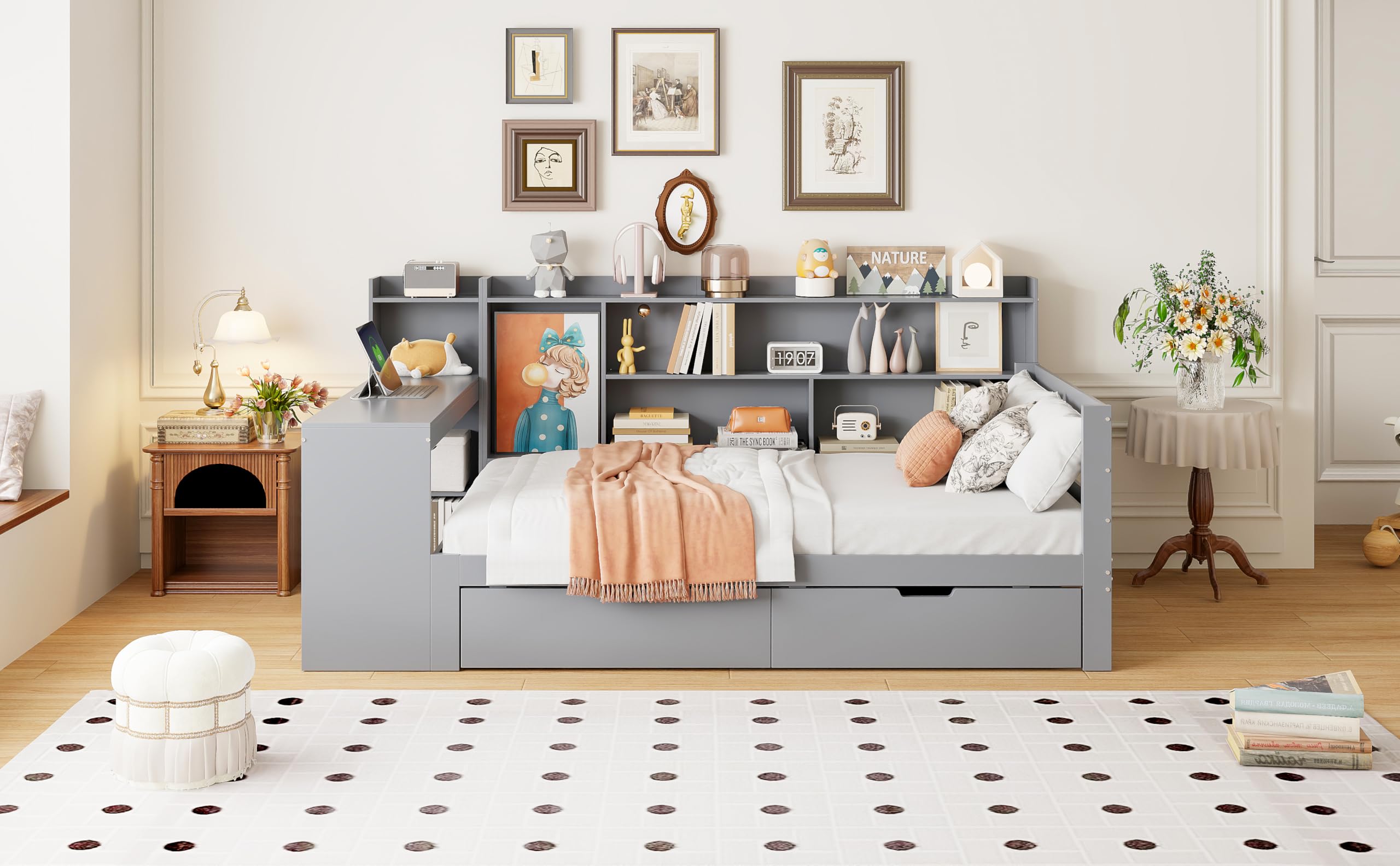 Wielofunkcyjna sofa z funkcją spania z litego drewna z wbudowanym biurkiem, gniazdkiem i miejscem do przechowywania – zajmuje mało miejsca 90 x 200 cm, w kolorze szarym do salonu, pokoju gościnnego