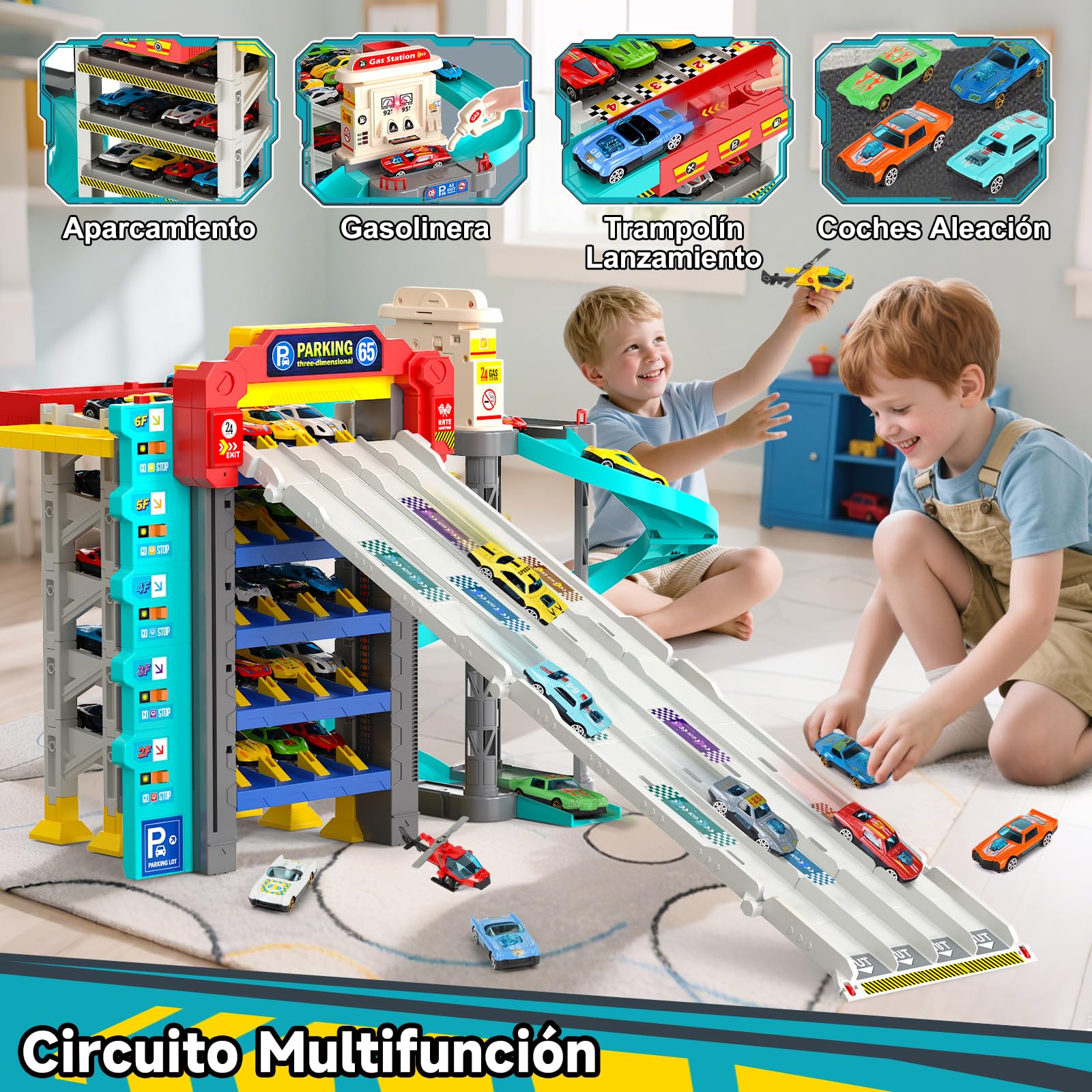 JONRRYIN Pista de Coches para Niños, Pista de Carros con 5 Plantas Garaje, Juguete Pista de Carreras con 12 Coche de Aleación y Helicóptero, Regalo de Coche para Niño 3+ Años