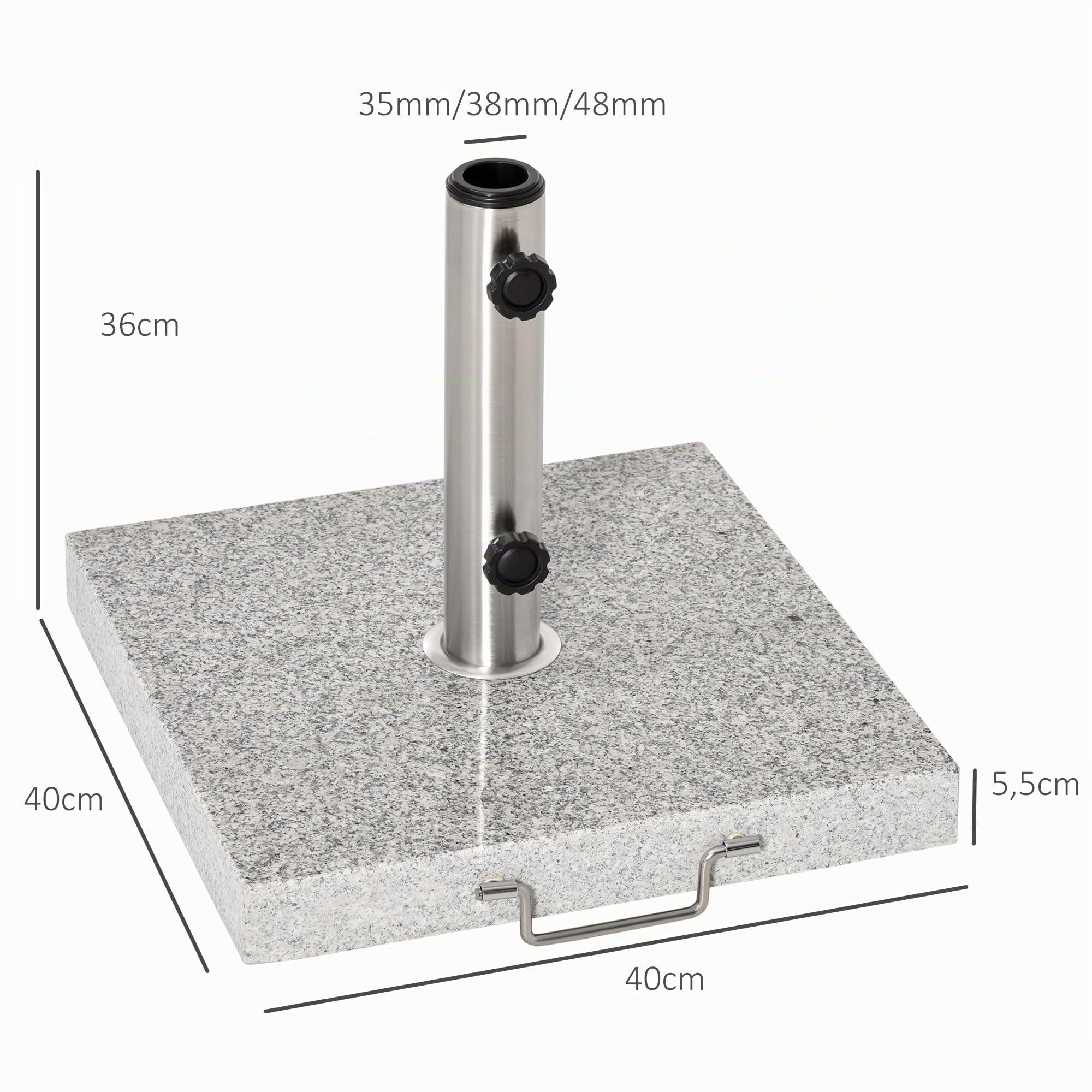 Outsunny Pied de Parasol Carré 25 kg Granit Tube Inox 40x40x36 cm Gris | Support Parasol, Ø 35/38/48 mm, Terrasse Piscine Patio Jardin