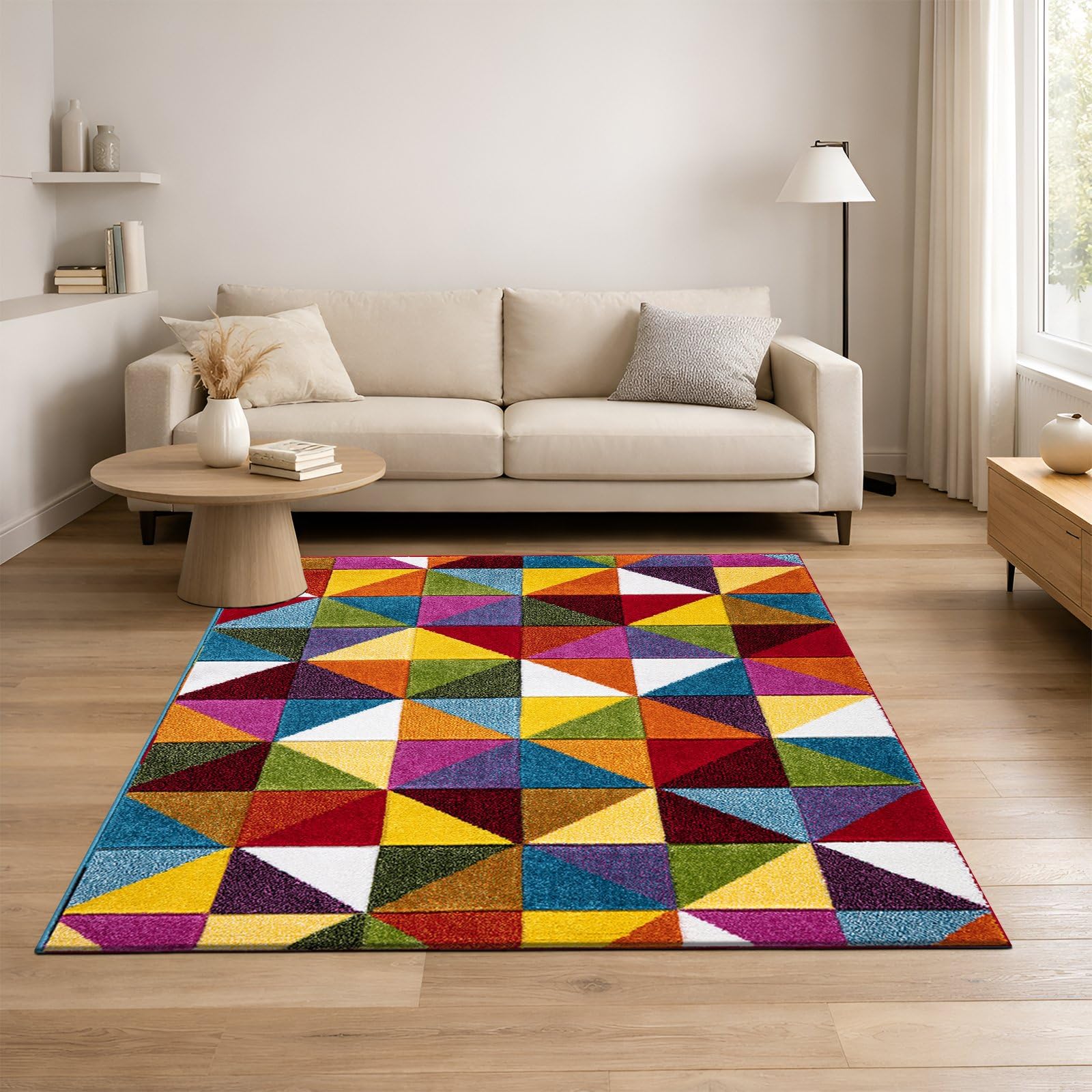 cozily® Medium Pile No Shed Jute Rug Living Room, Multi Coloured Rug for Bedroom - 120 x 170 cm, Geometric Triangle - Washable Area Rugs for Lounge, Sitting Room & Dining Room