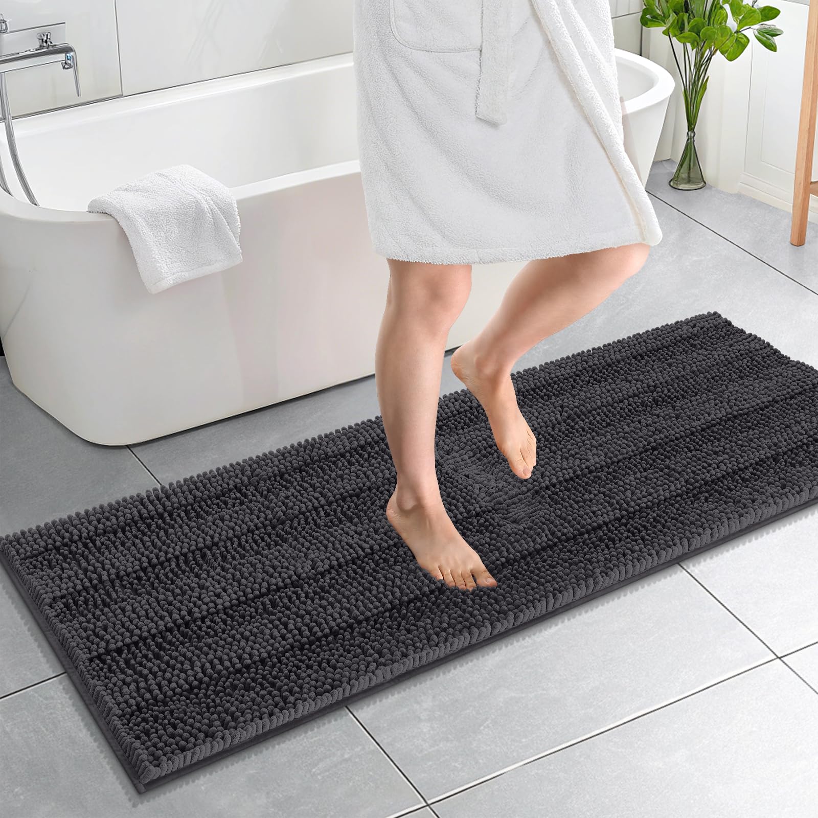 OLANLY Thick Bathroom Runner Rugs 59x20, Soft Chenille Bath Rugs, Dark Grey