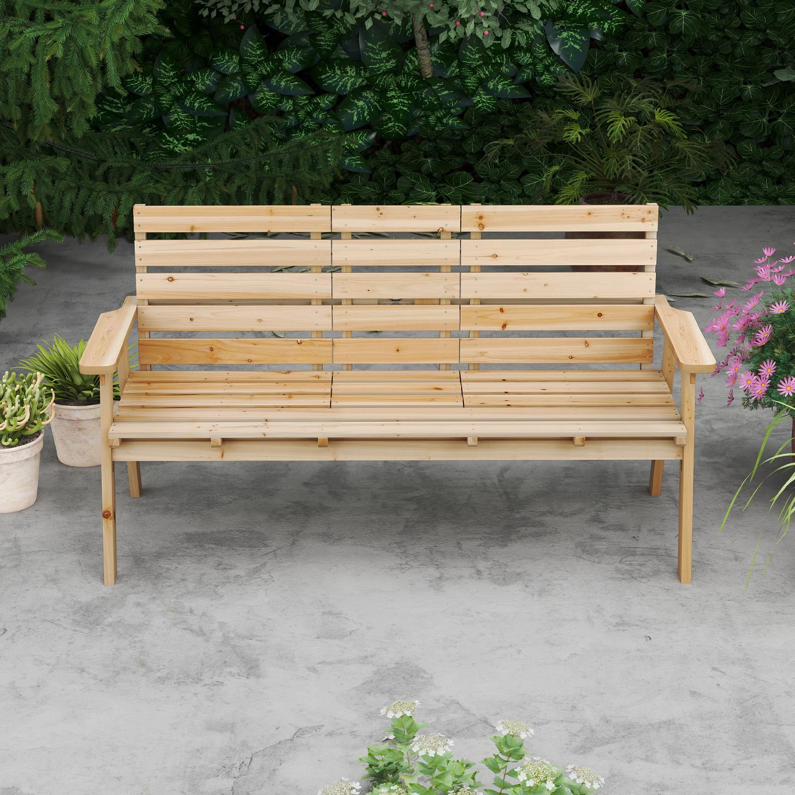 GIANTEX Gartenbank mit Tisch, Massive Holzbank mit klappbarem Mitteltisch, Sitzbank Bank 3 Sitzer, Parkbank ergonomisch mit Rücken- & Armlehnen, Garten Balkonbank Terrassenbank bis 320 kg belastbar