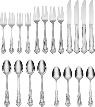 Oneida Silverware Set, Azalea 20 Piece Everyday Flatware Set, Service For 4, 18/0 Stainless Steel, Floral Design, Dishwasher Safe, Mirror Finish, Knives Spoons And Forks Sets (Silver, 20 Piece)