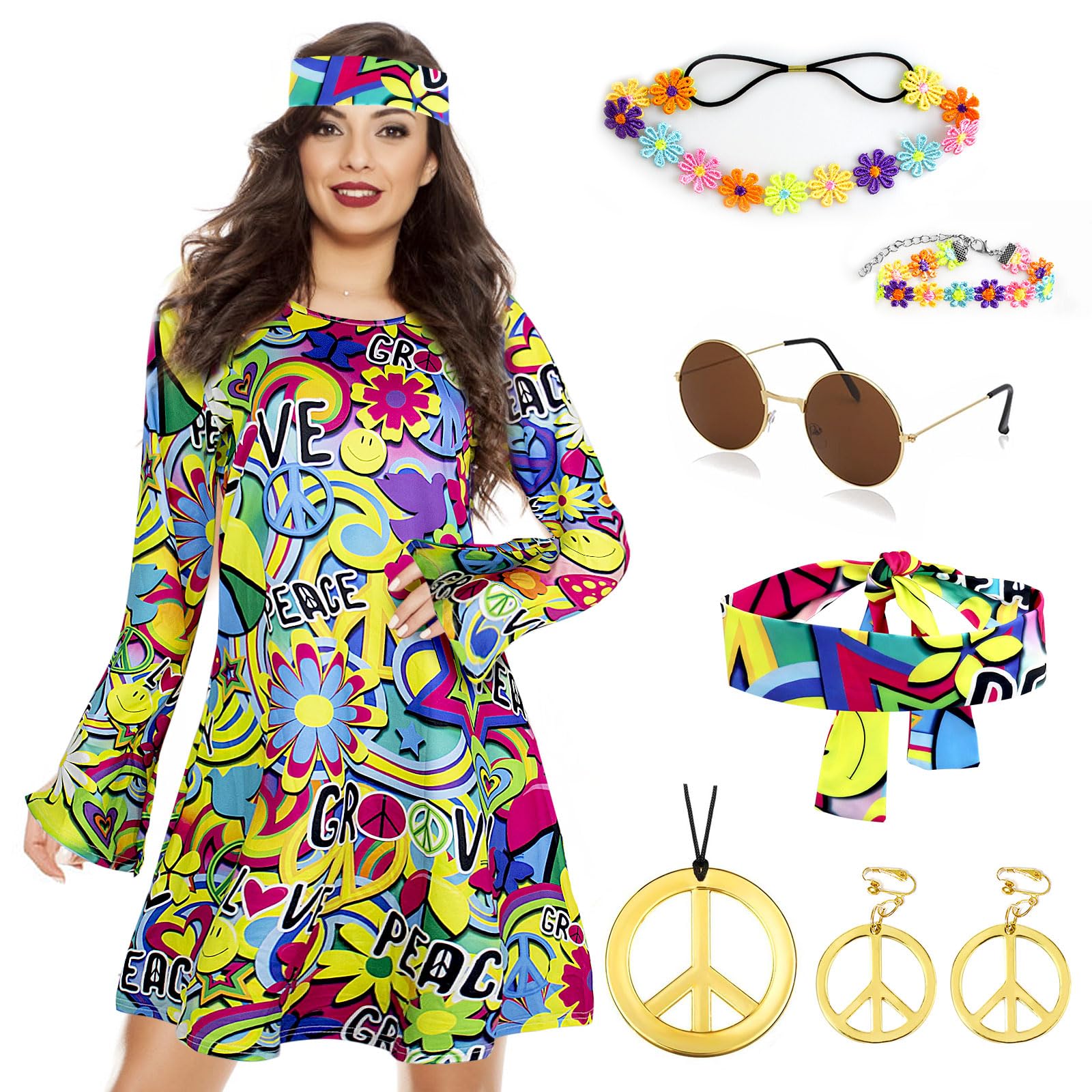 8PCS 70s Fancy Dress Women Set, 70s Hippie Dress Costumes Necklace Earrings Sunglass Women Disco Outfit, 60s Party Costume, Womens Hippie Costume for Carnival Cosplay Party